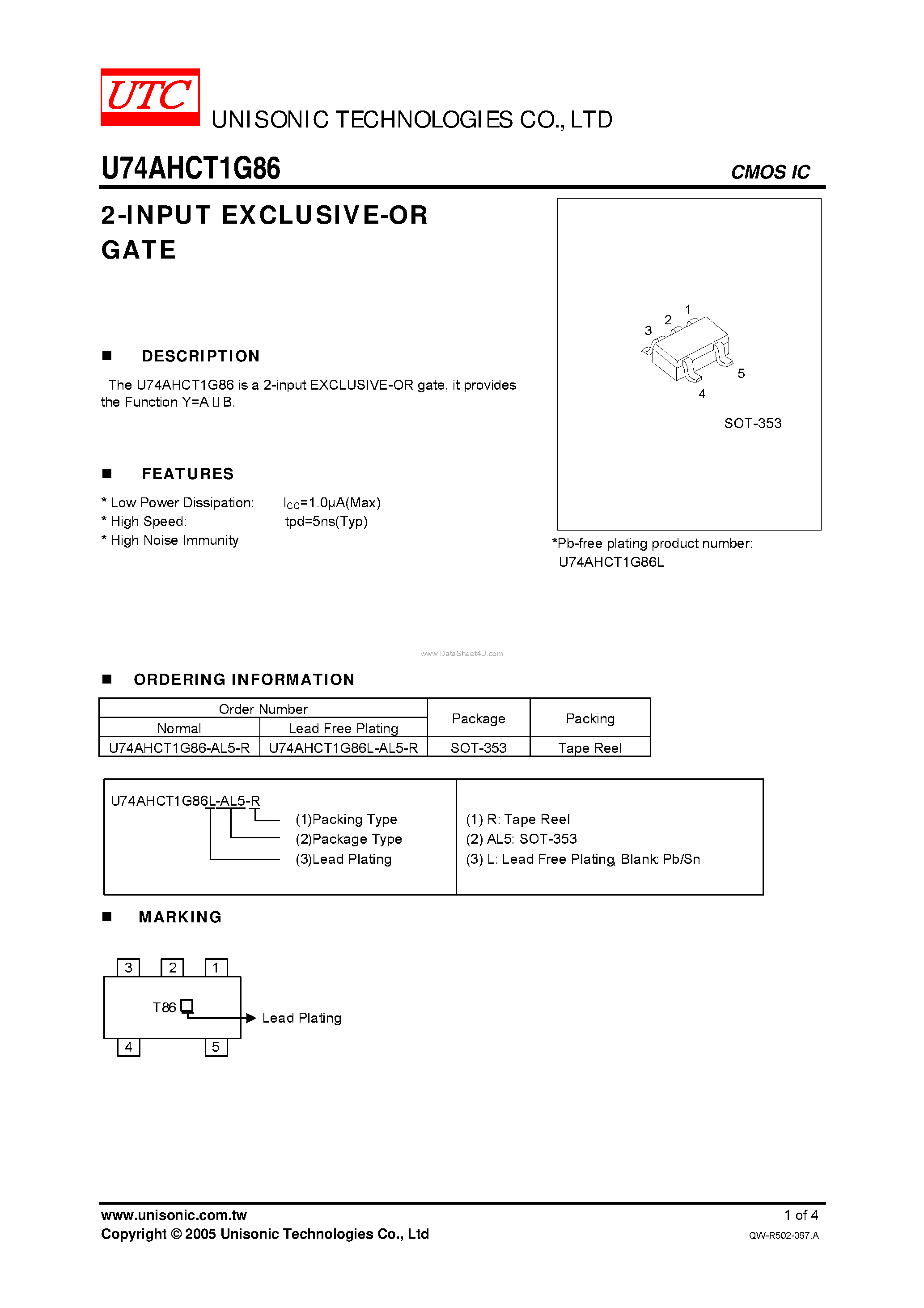 Даташит U74AHCT1G86 - 2-INPUT EXCLUSIVE-OR GATE страница 1