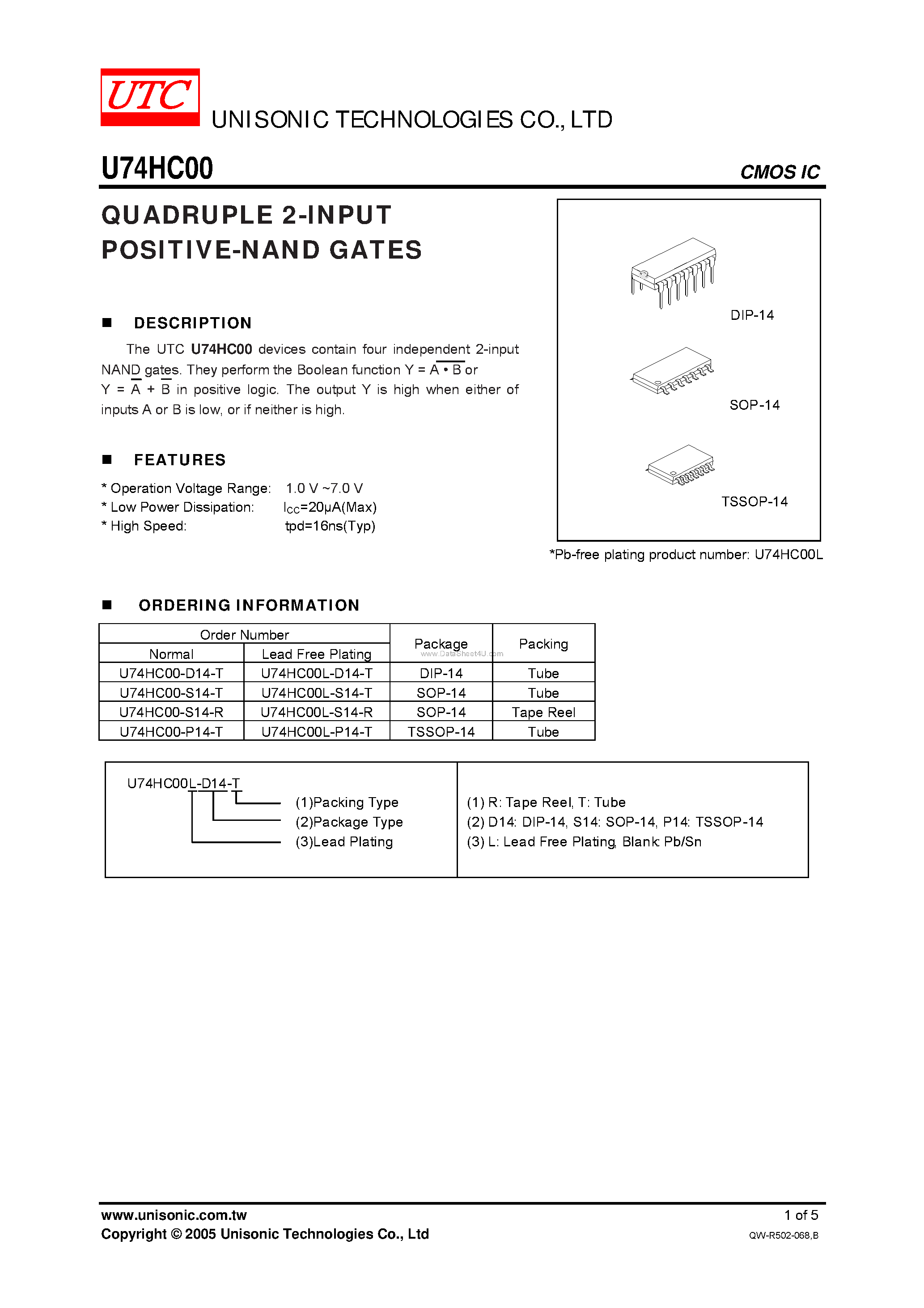 Даташит U74HC00 - QUADRUPLE 2-INPUT POSITIVE-NAND GATES страница 1