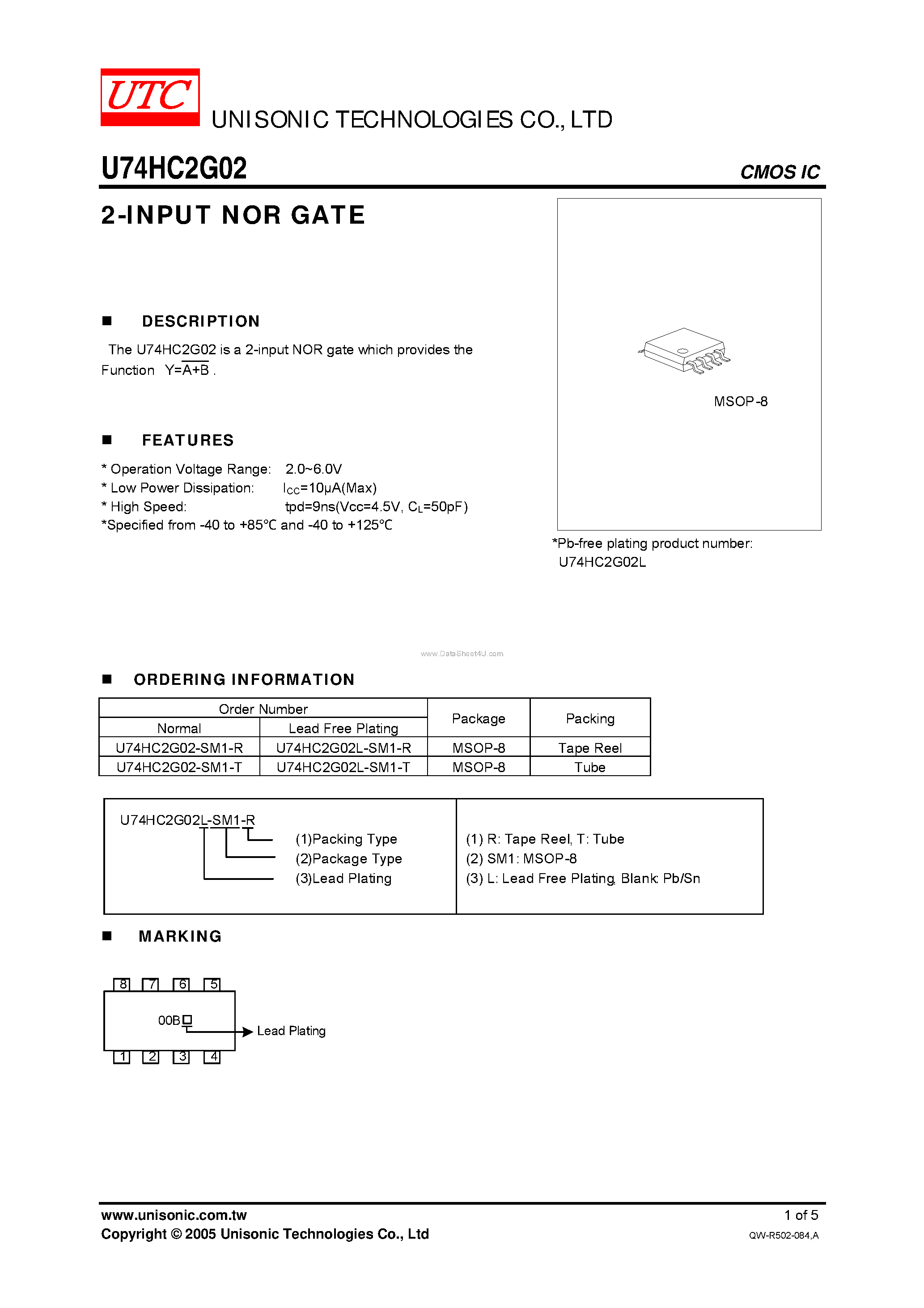 Даташит U74HC2G02 - 2-INPUT NOR GATE страница 1