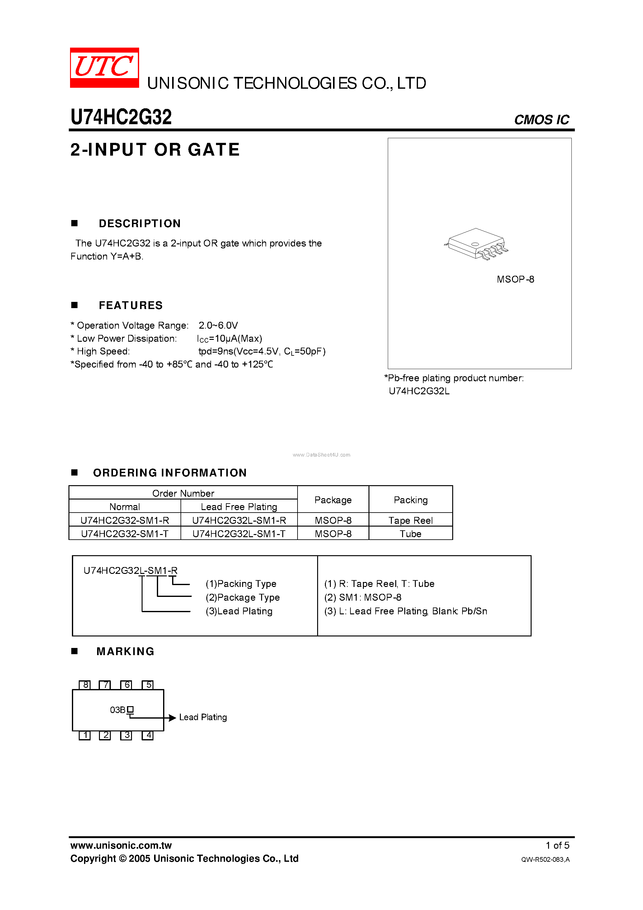 Даташит U74HC2G32 - 2-INPUT OR GATE страница 1