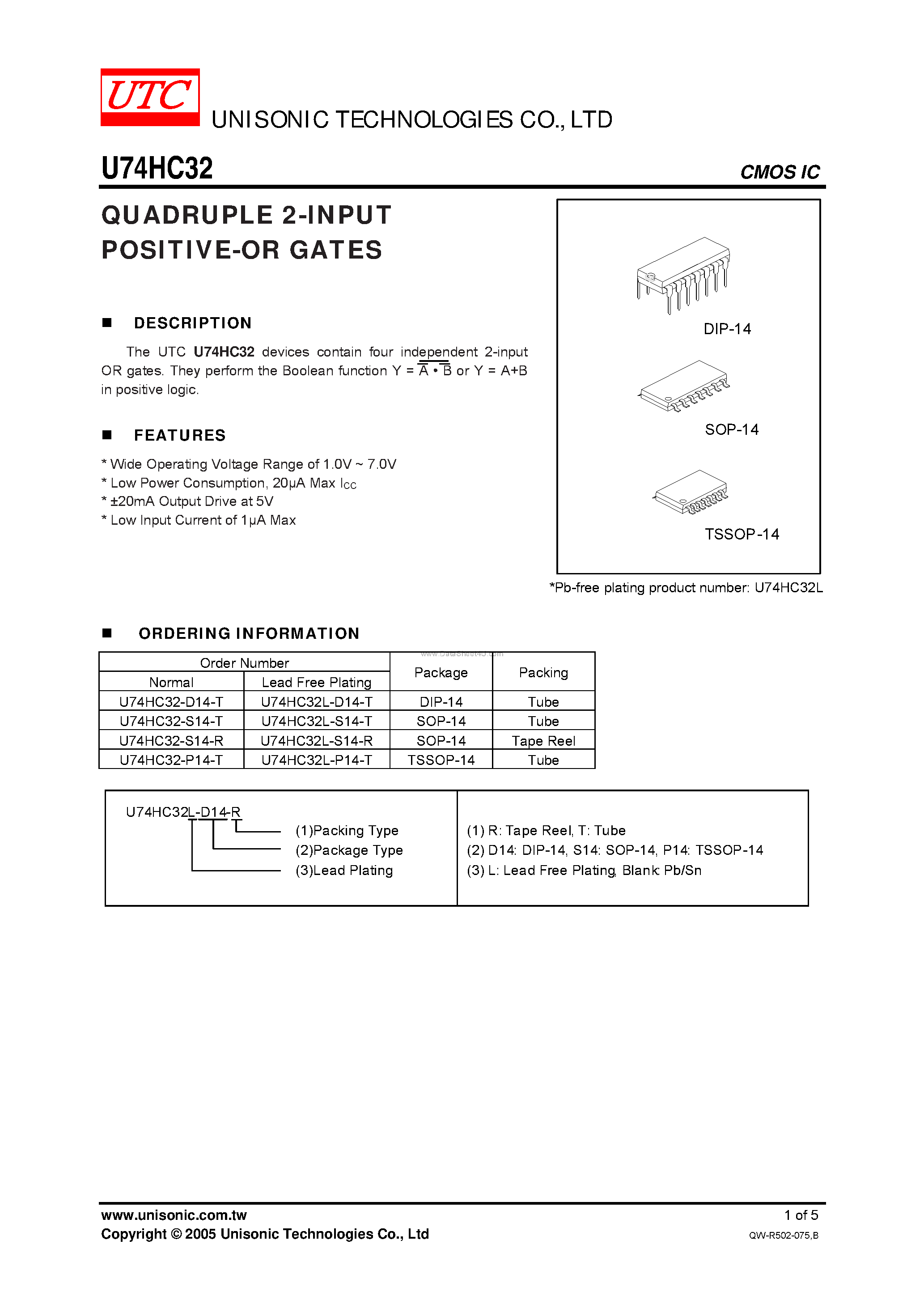 Даташит U74HC32 - QUADRUPLE 2-INPUT POSITIVE-OR GATES страница 1