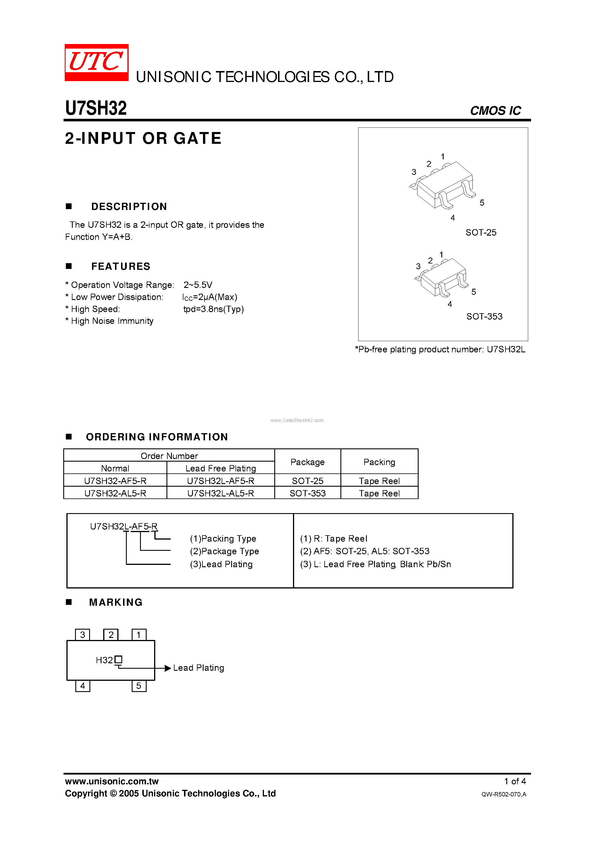 Даташит U7SH32 - 2-INPUT OR GATE страница 1