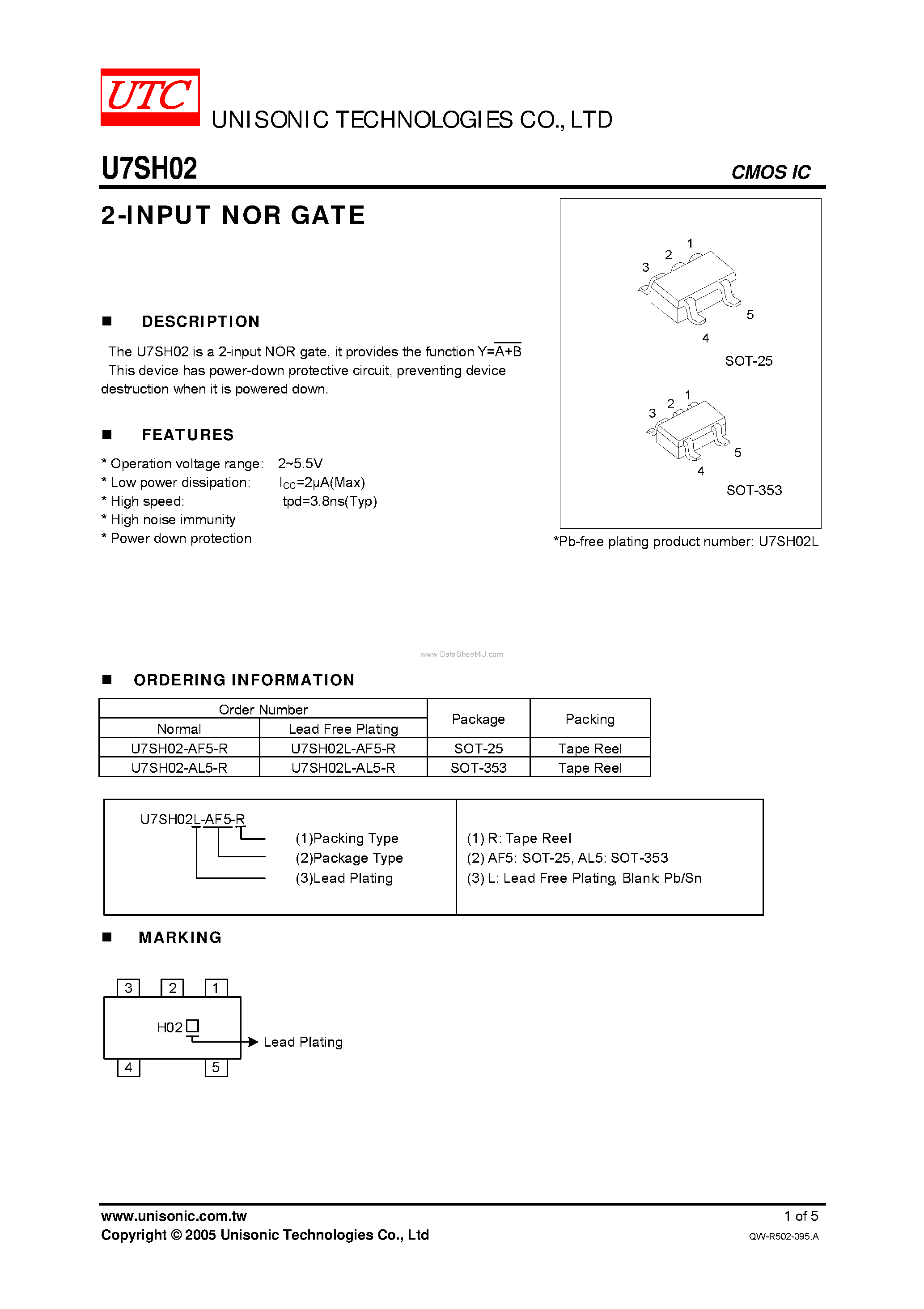 Даташит U7SH02 - 2-INPUT NOR GATE страница 1