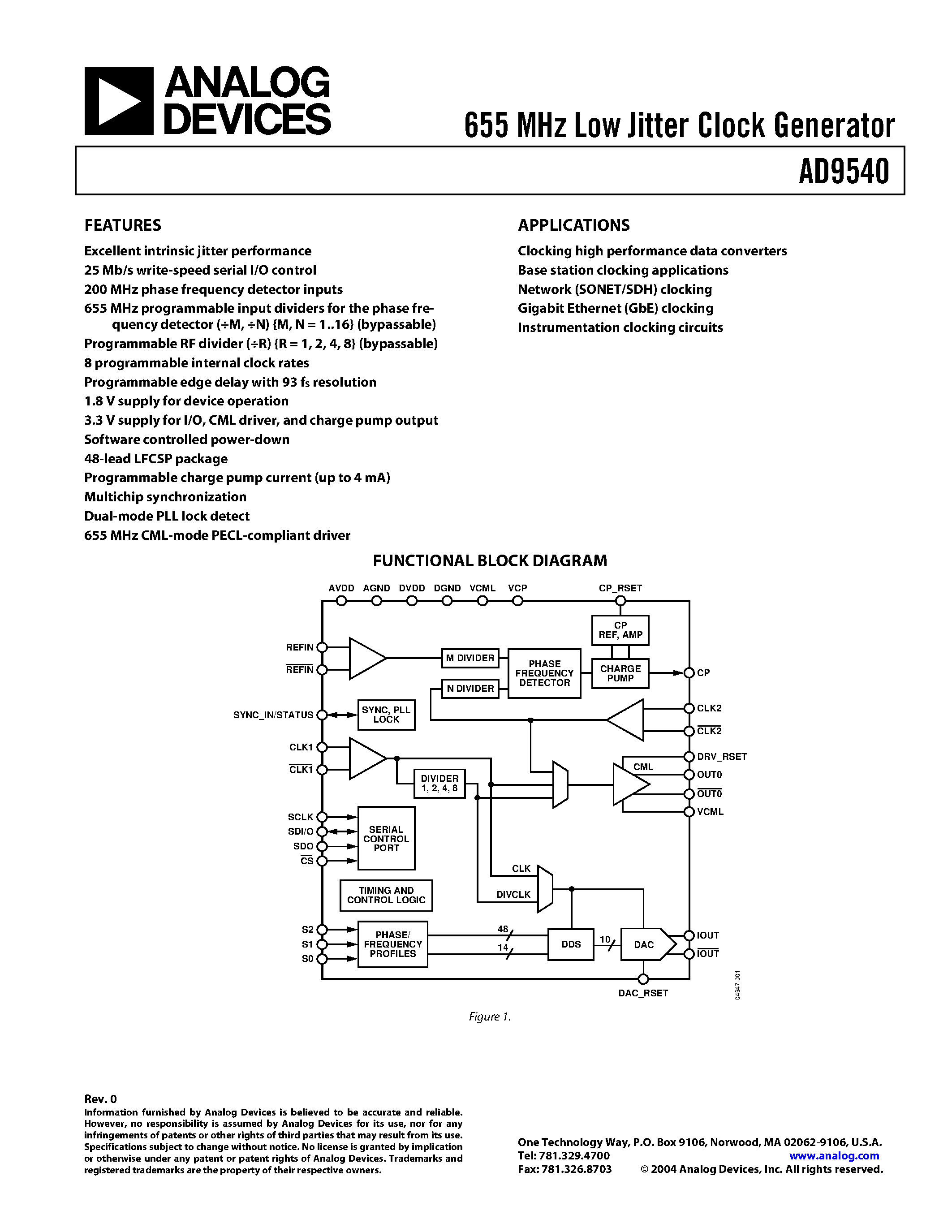 Datasheet AD9540 - Low Jitter Clock Generator page 1