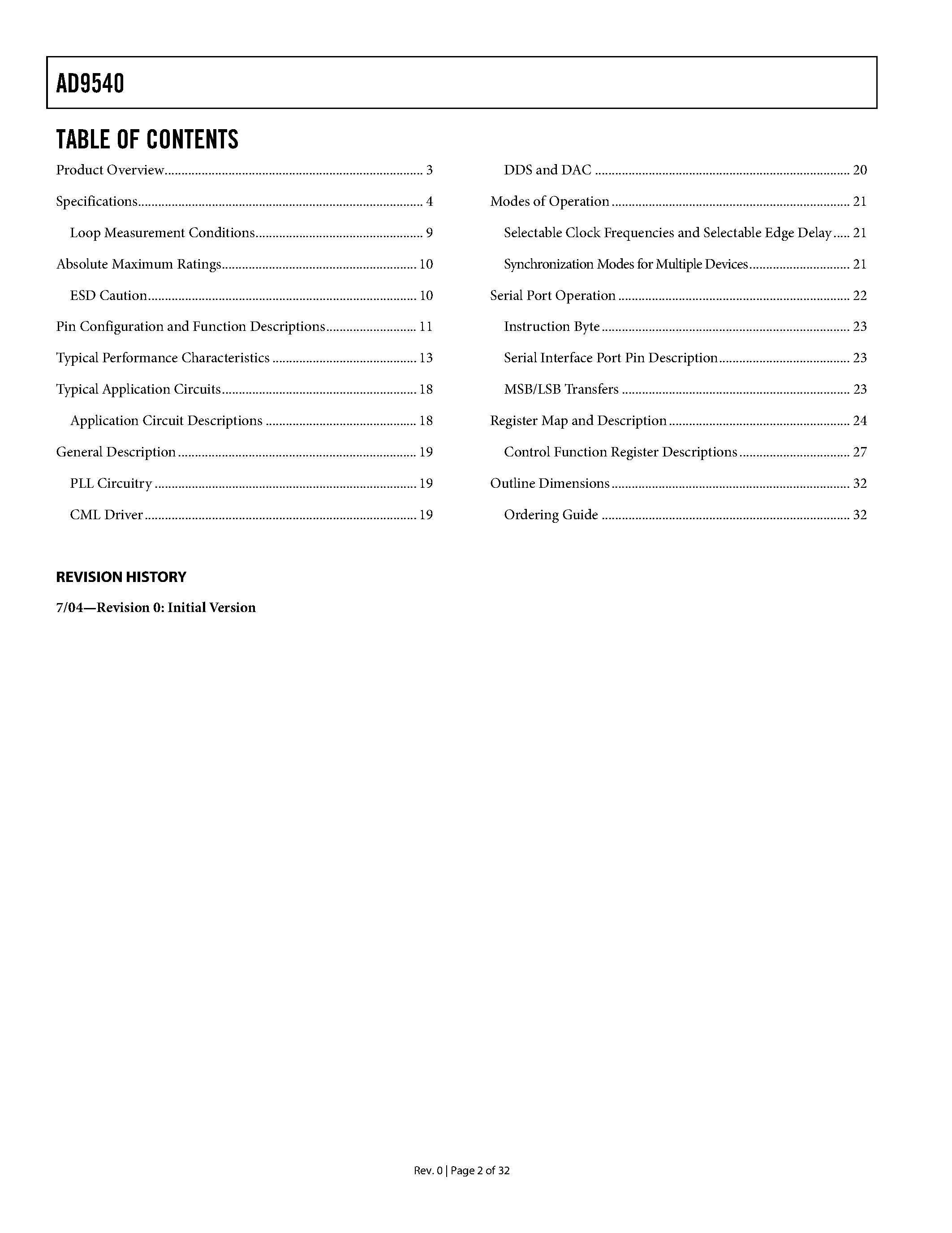 Datasheet AD9540 - Low Jitter Clock Generator page 2