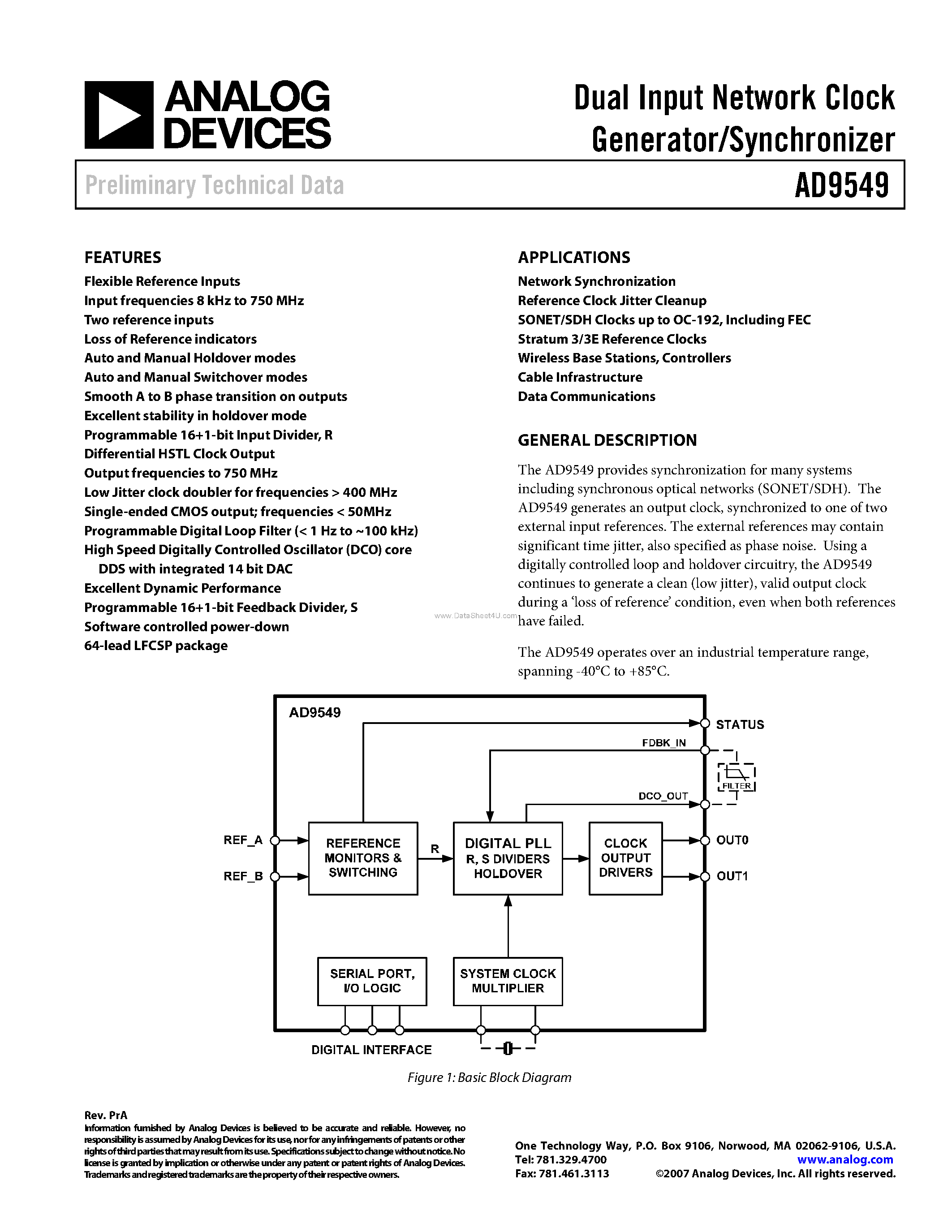 Datasheet AD9549 - Dual Input Network Clock Generator/Synchronizer page 1