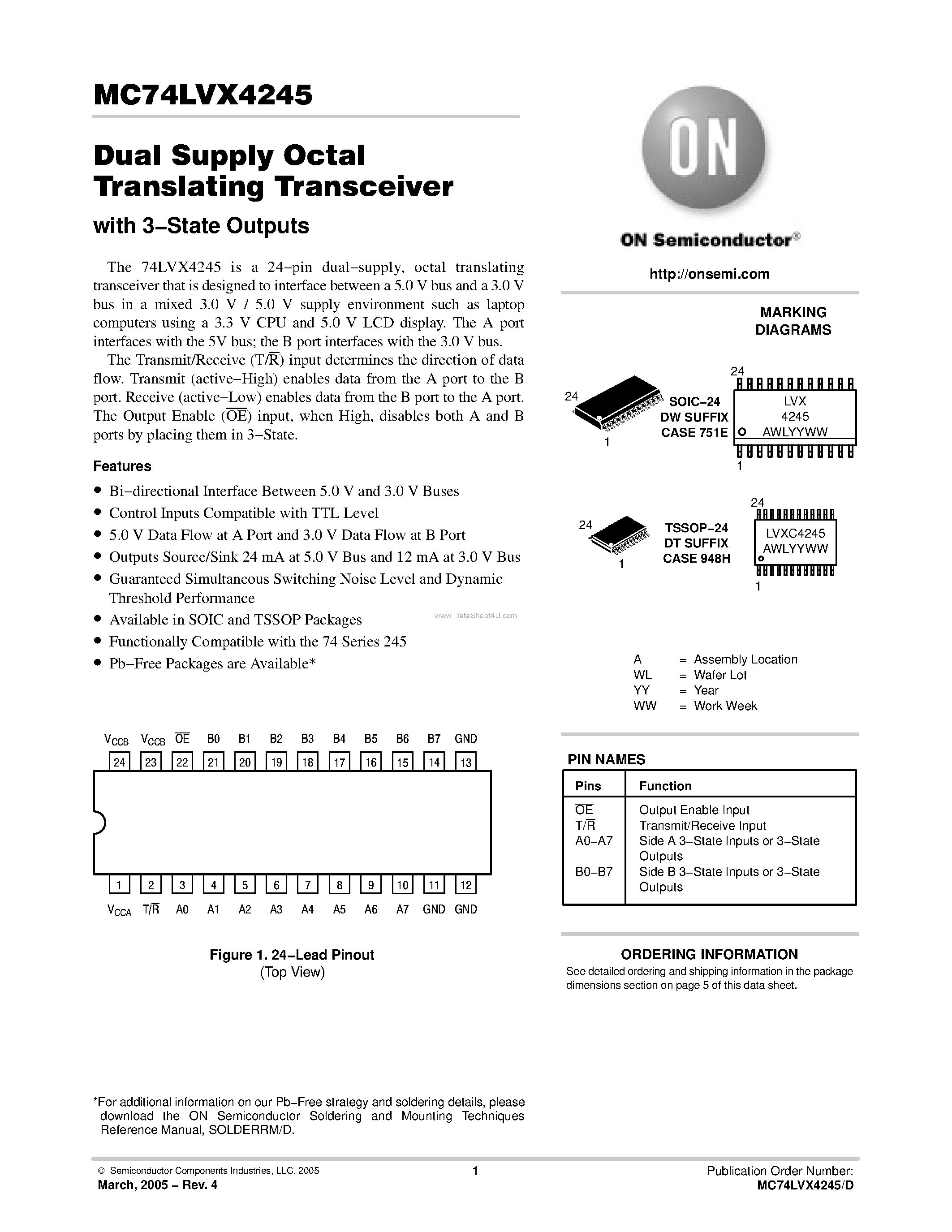 Даташит MC74LVX4245 - Dual Supply Octal Translating Transceiver страница 1