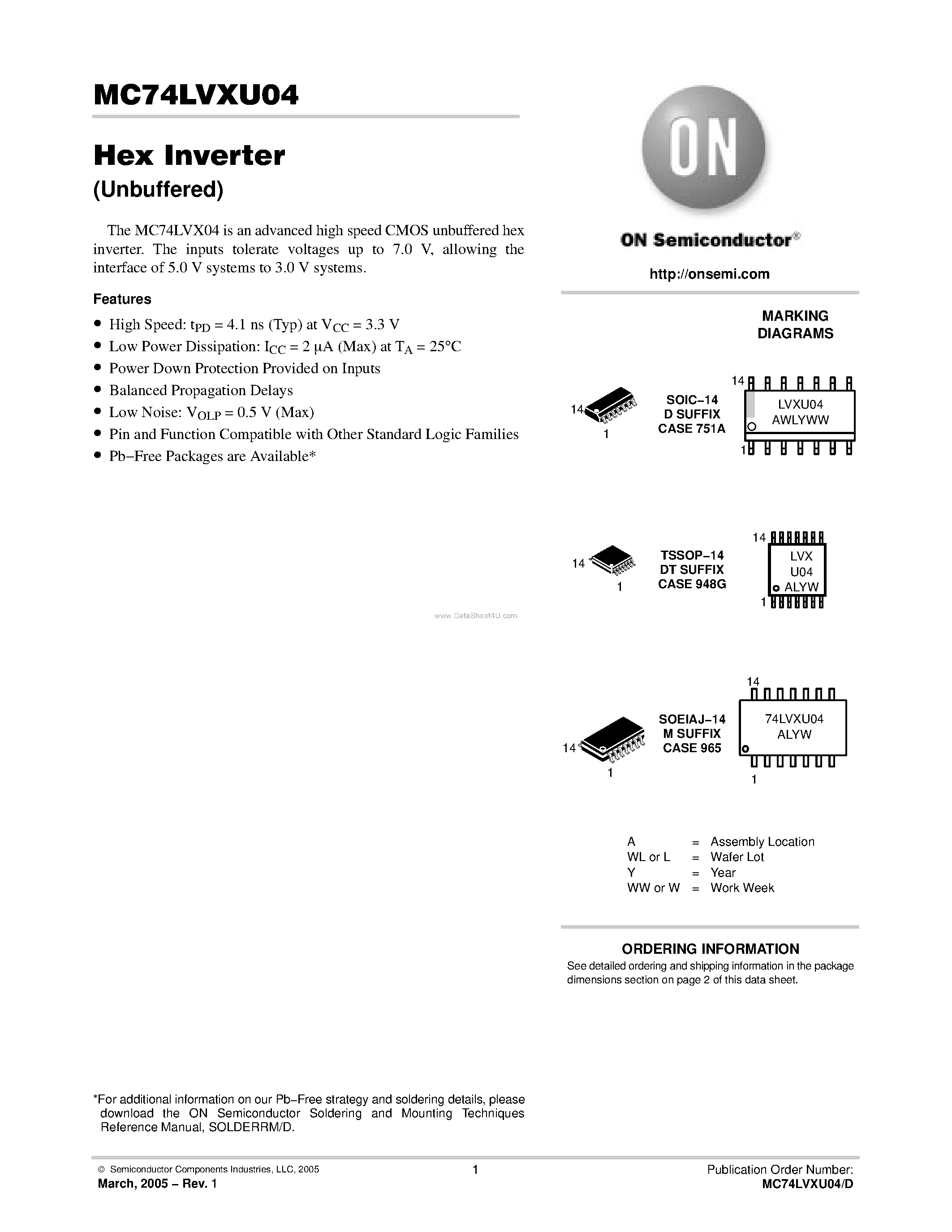 Даташит MC74LVXU04 - Hex Inverter страница 1