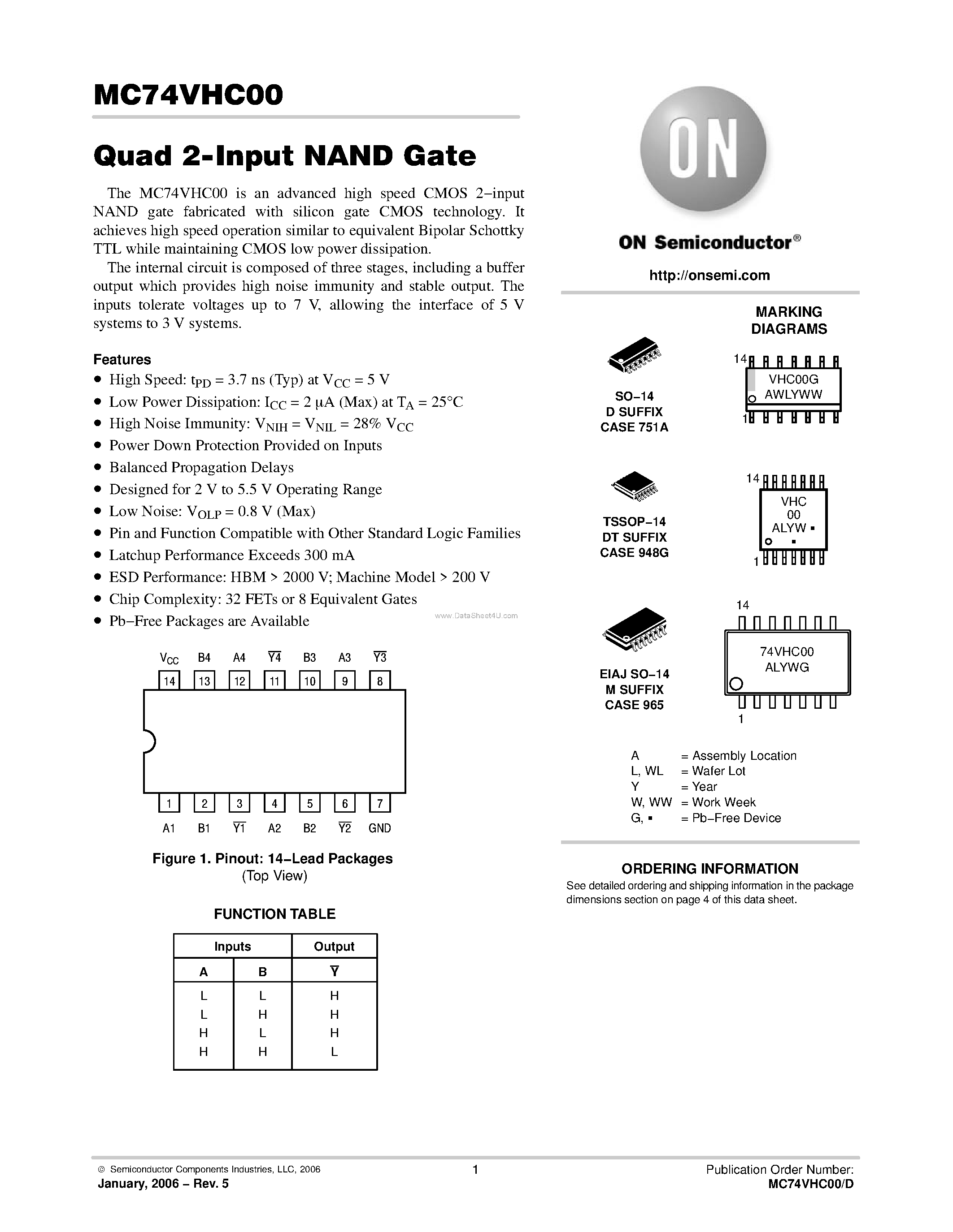 Даташит MC74VHC00 - Quad 2-Input NAND Gate страница 1