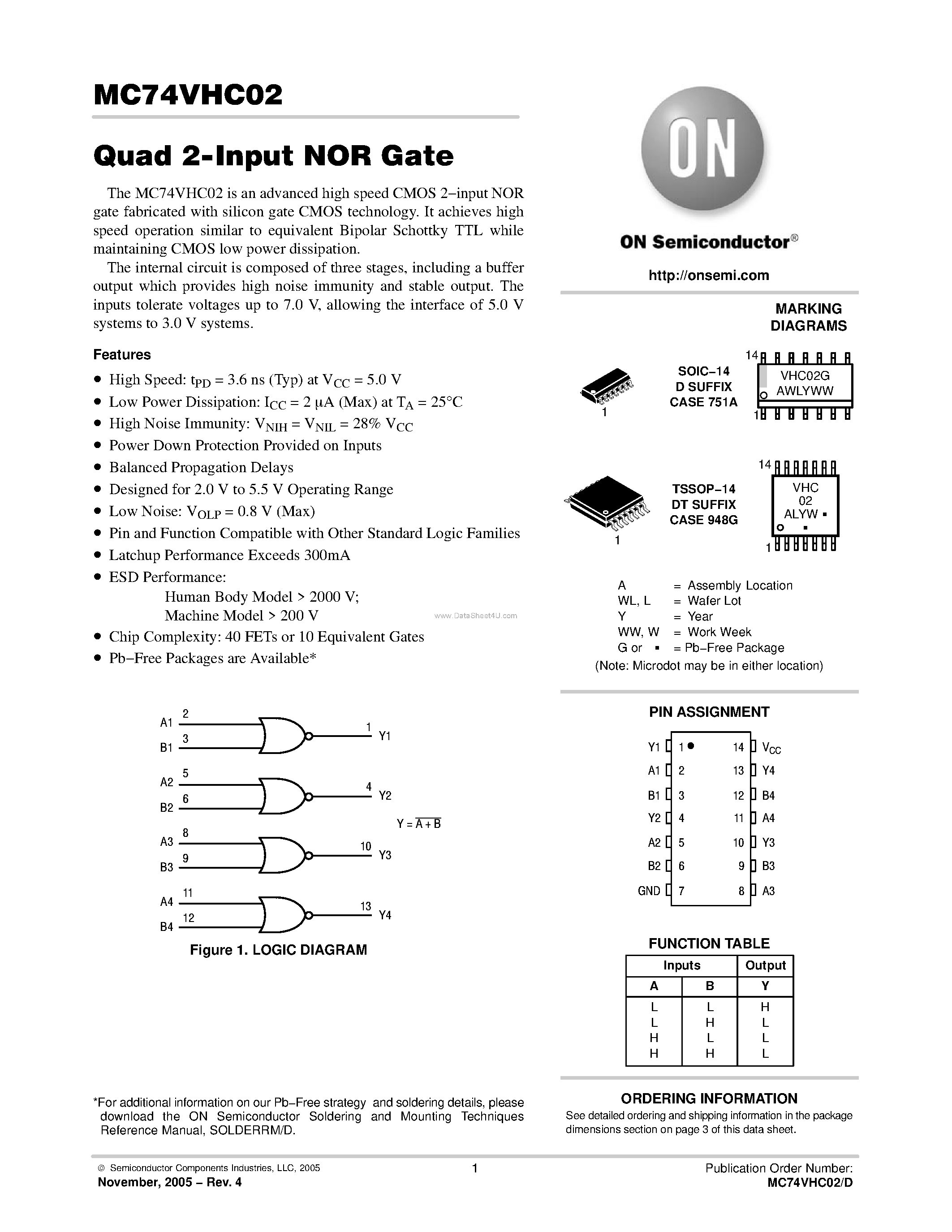 Даташит MC74VHC02 - Quad 2-Input NOR Gate страница 1