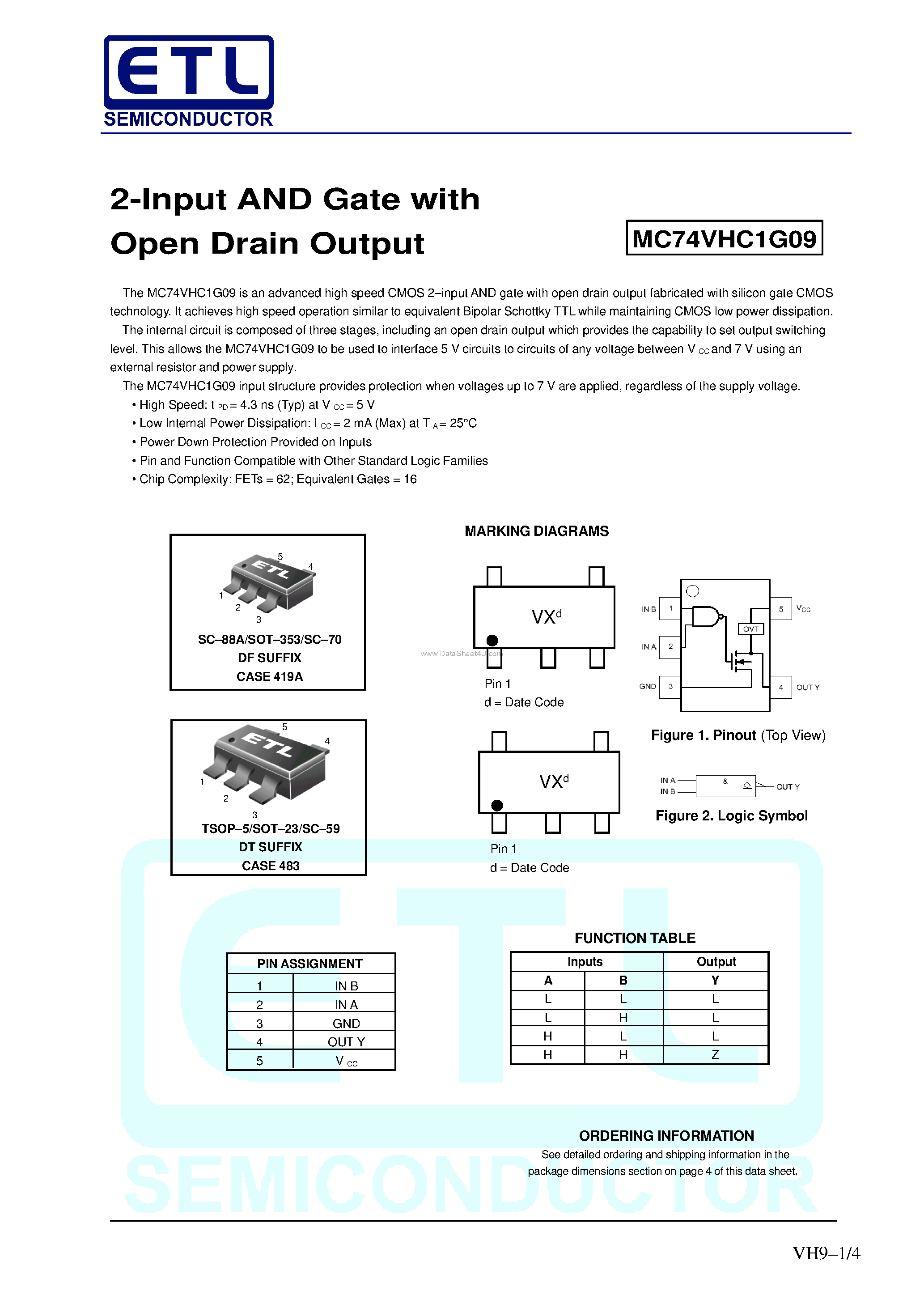 Даташит MC74VHC1G09 - 2-Input AND Gate страница 1