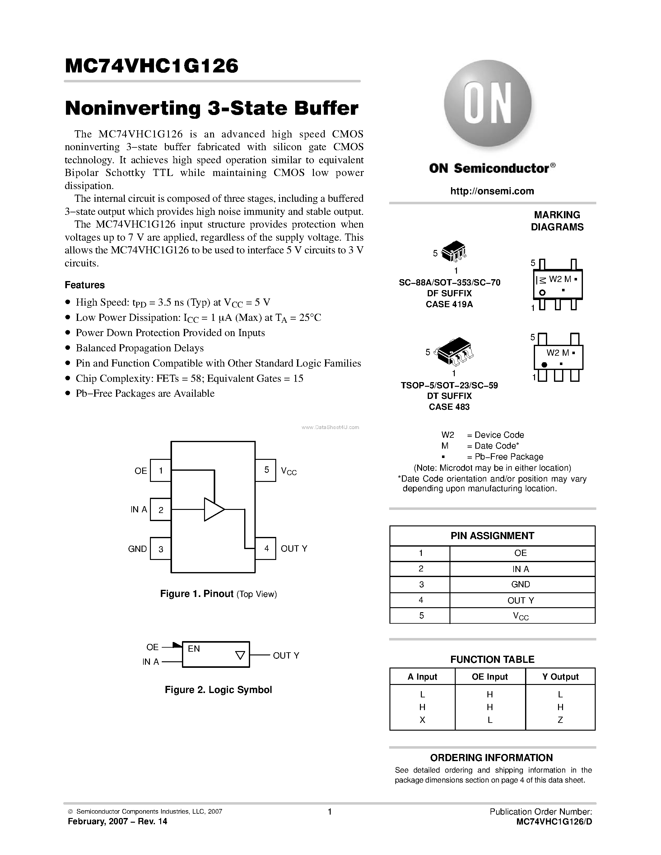 Даташит MC74VHC1G126 - Noninverting 3-State Buffer страница 1