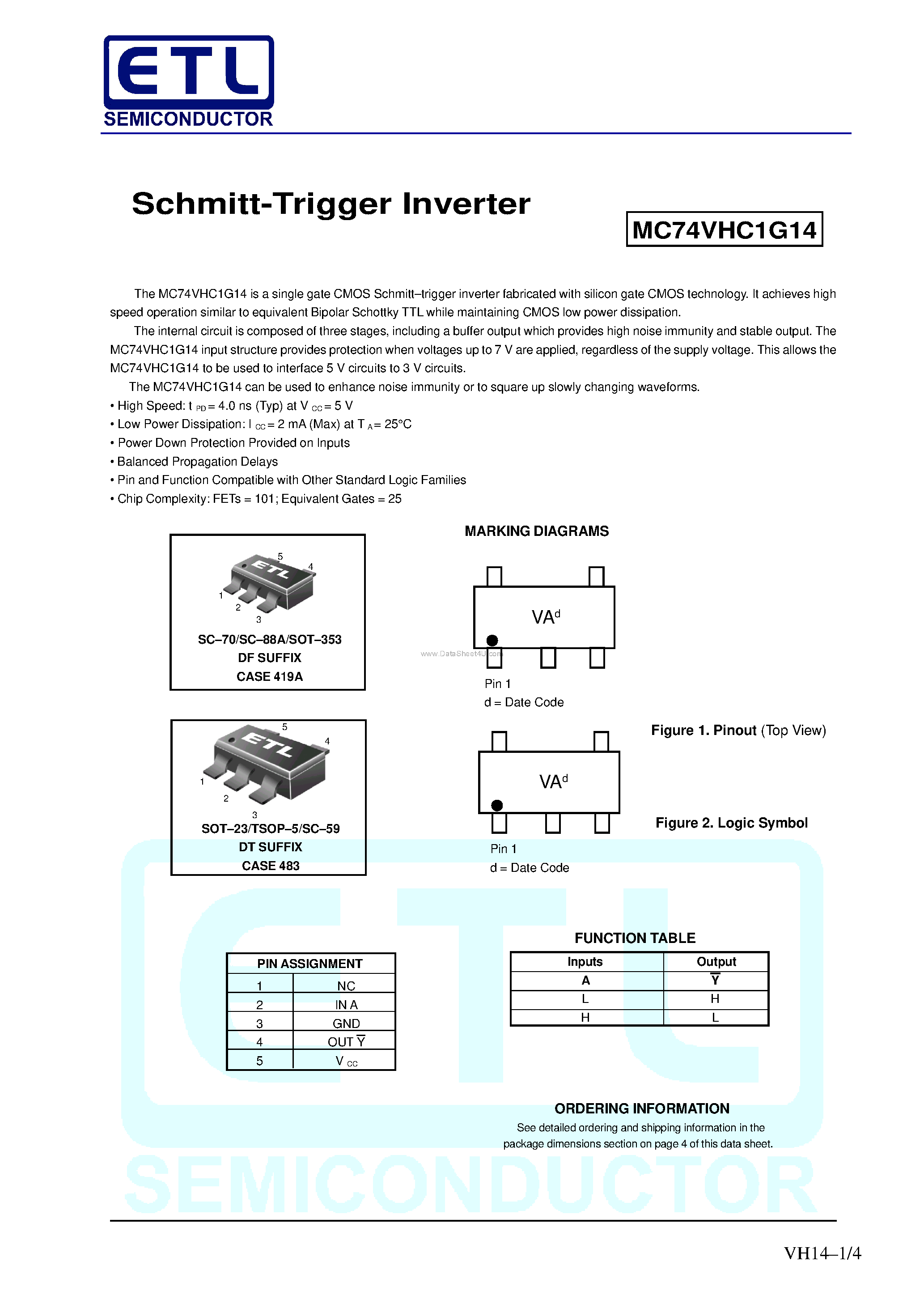 Даташит MC74VHC1G14 - Schmitt-Trigger Inverter страница 1