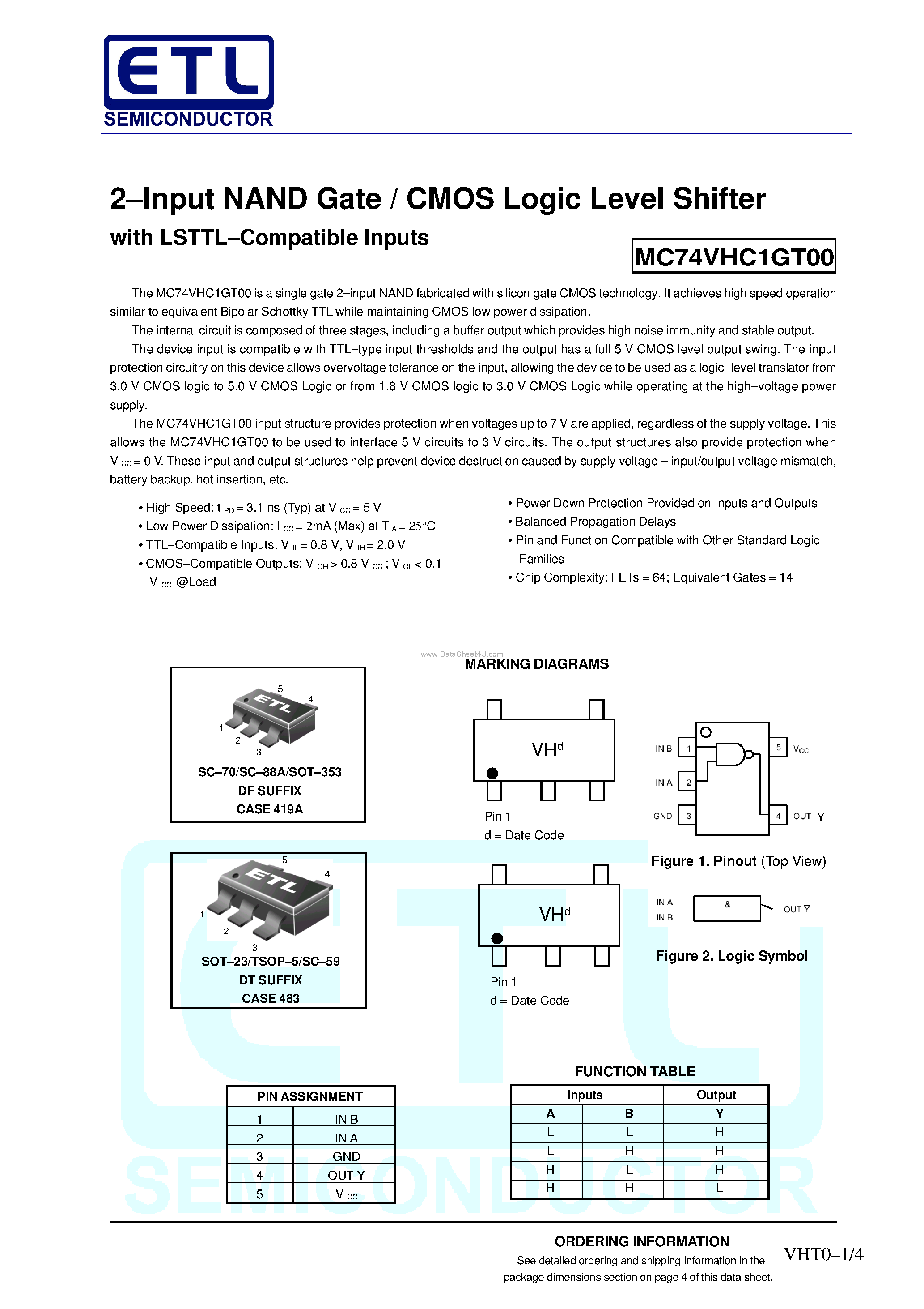 Даташит MC74VHC1GT00 - 2-Input NAND Gate / CMOS Logic Level Shifter страница 1