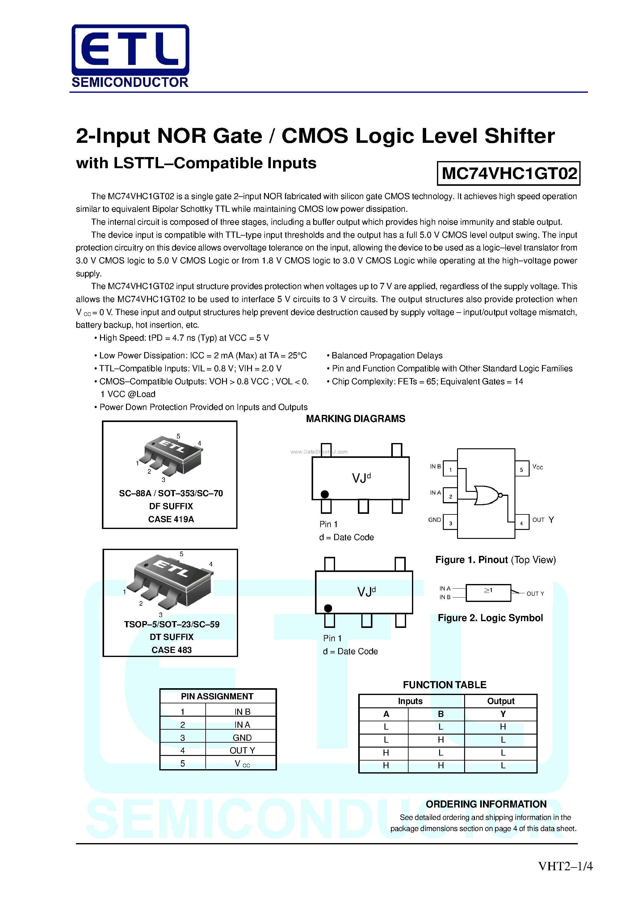 Даташит MC74VHC1GT02 - 2-Input NOR Gate / CMOS Logic Level Shifter страница 1