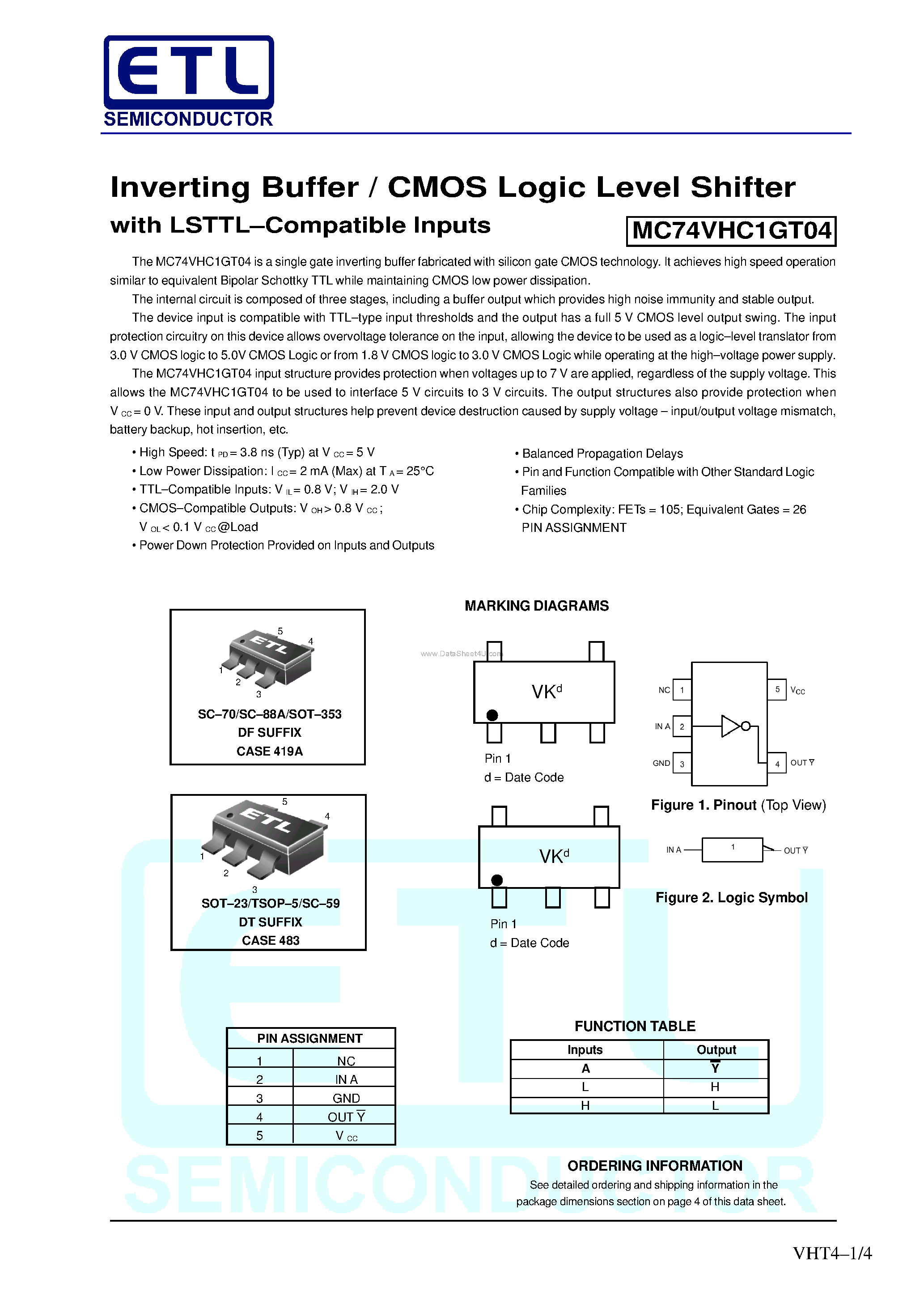 Даташит MC74VHC1GT04 - Inverting Buffer / CMOS Logic Level Shifter страница 1