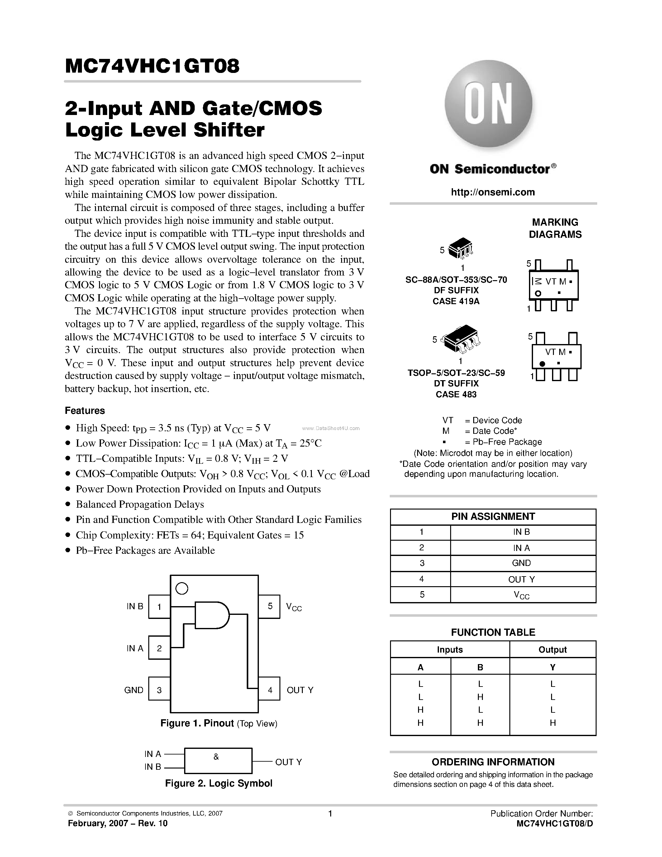 Даташит MC74VHC1GT08 - 2-Input AND Gate/CMOS Logic Level Shifter страница 1