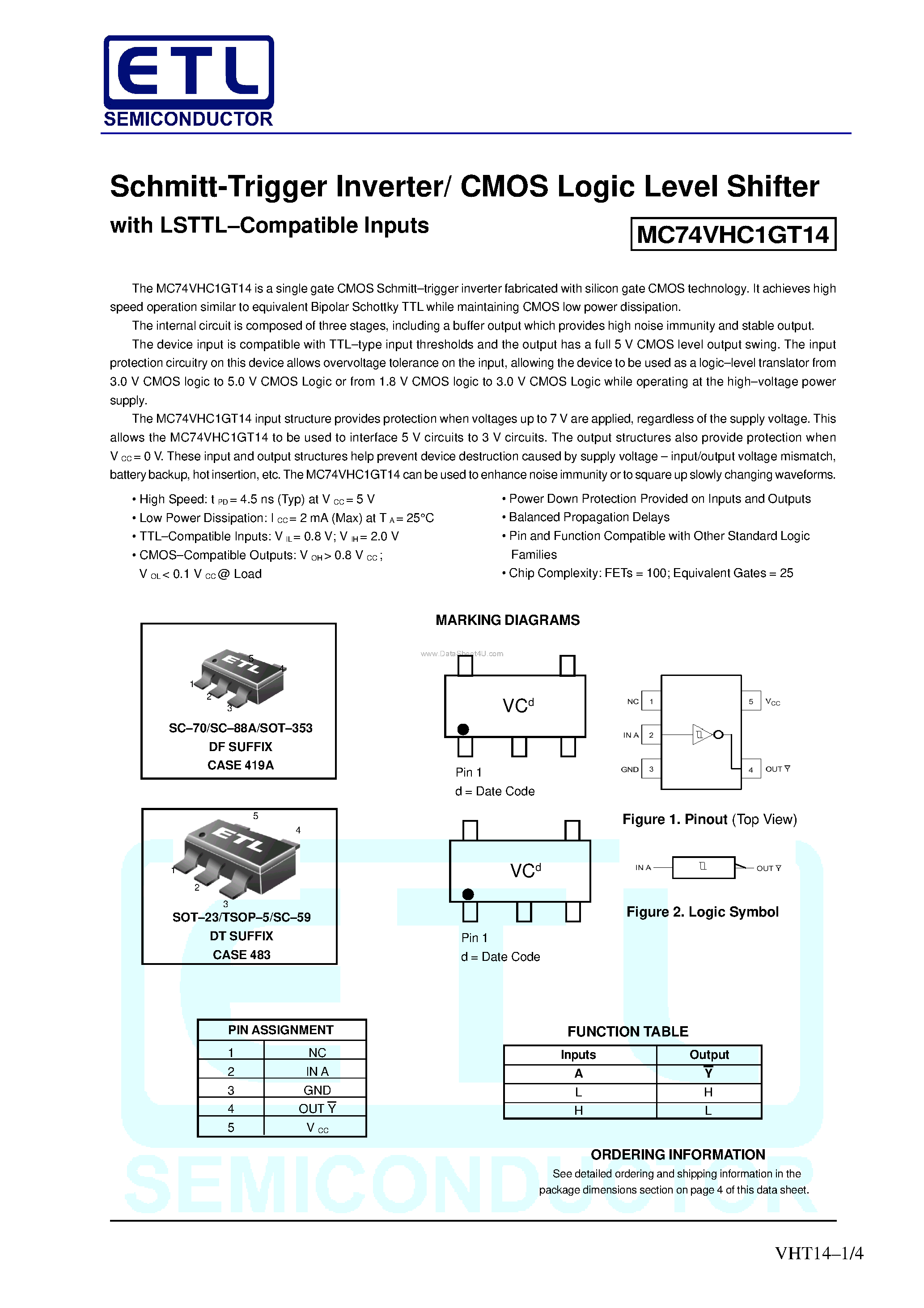 Даташит MC74VHC1GT14 - Schmitt-Trigger Inverter/ CMOS Logic Level Shifter страница 1