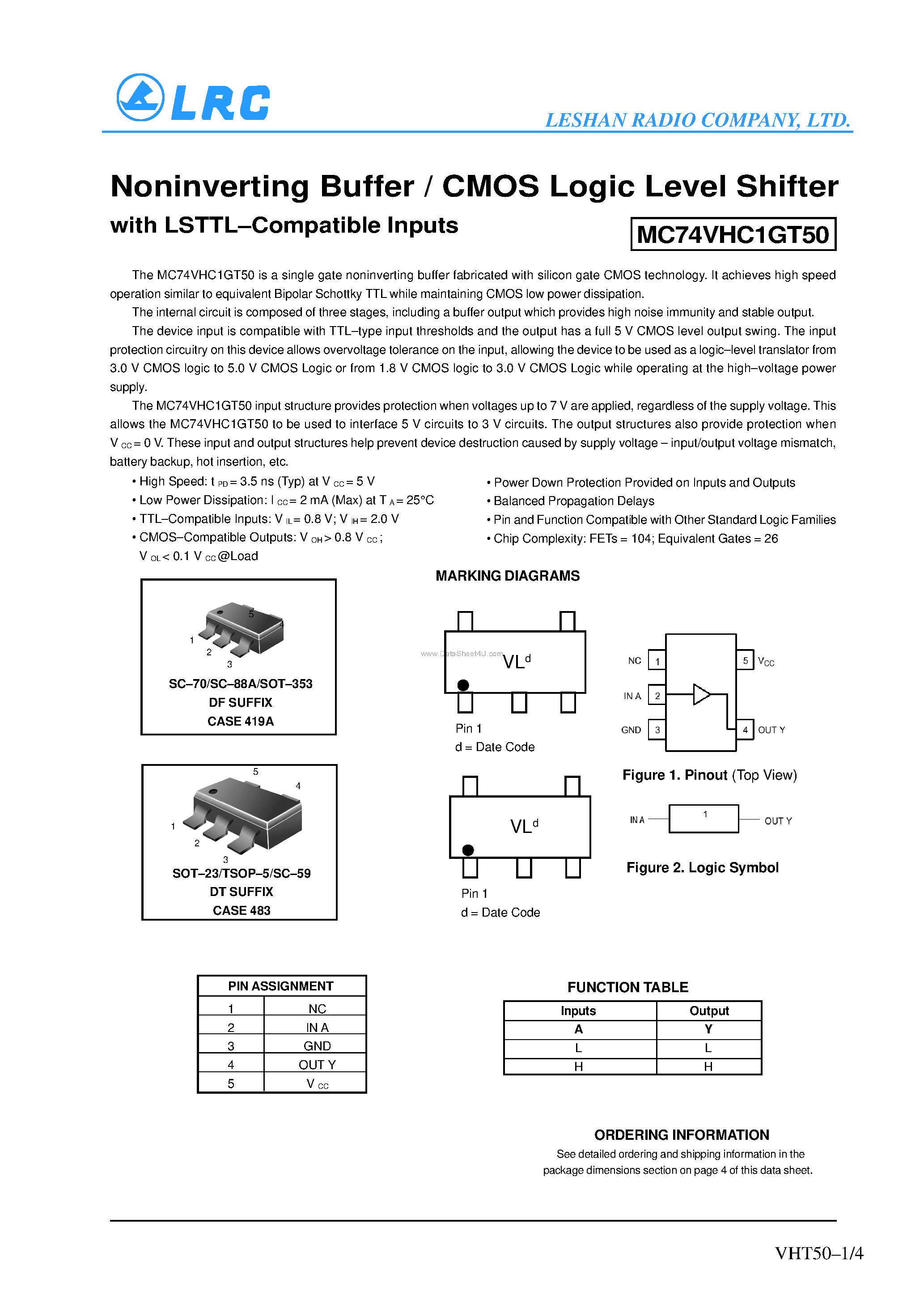 Даташит MC74VHC1GT50 - Noninverting Buffer / CMOS Logic Level Shifter страница 1