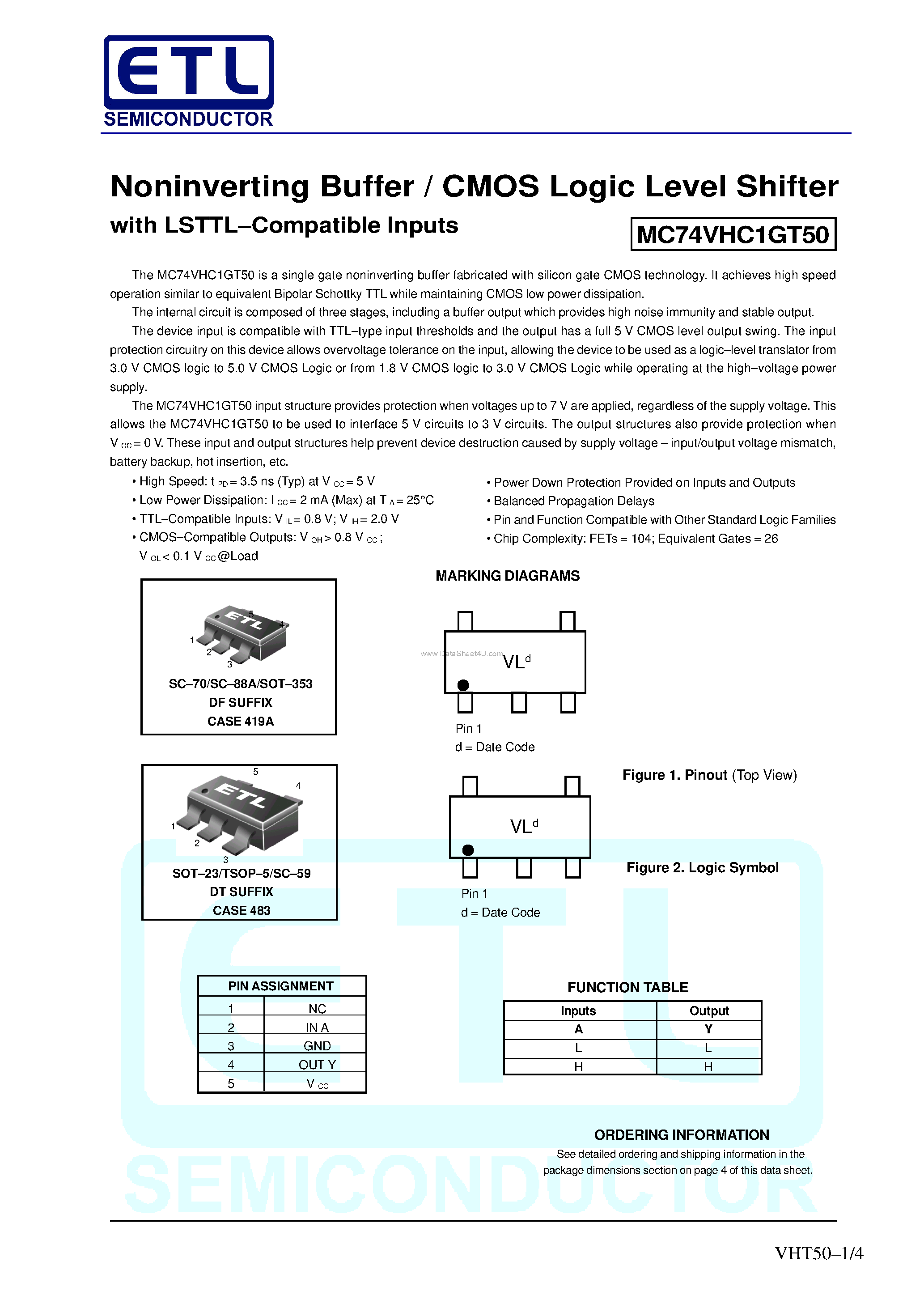 Даташит MC74VHC1GT50 - Noninverting Buffer / CMOS Logic Level Shifter страница 1