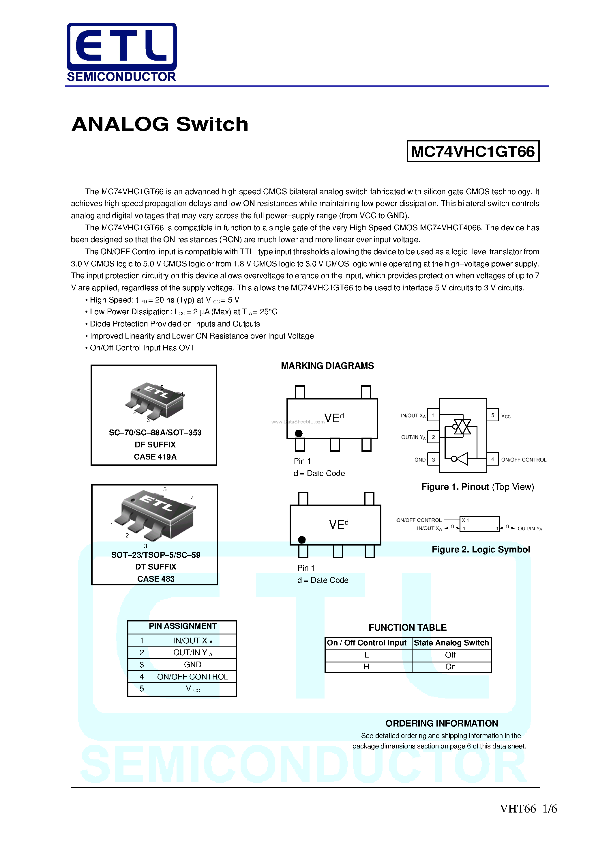 Даташит MC74VHC1GT66 - ANALOG Switch страница 1