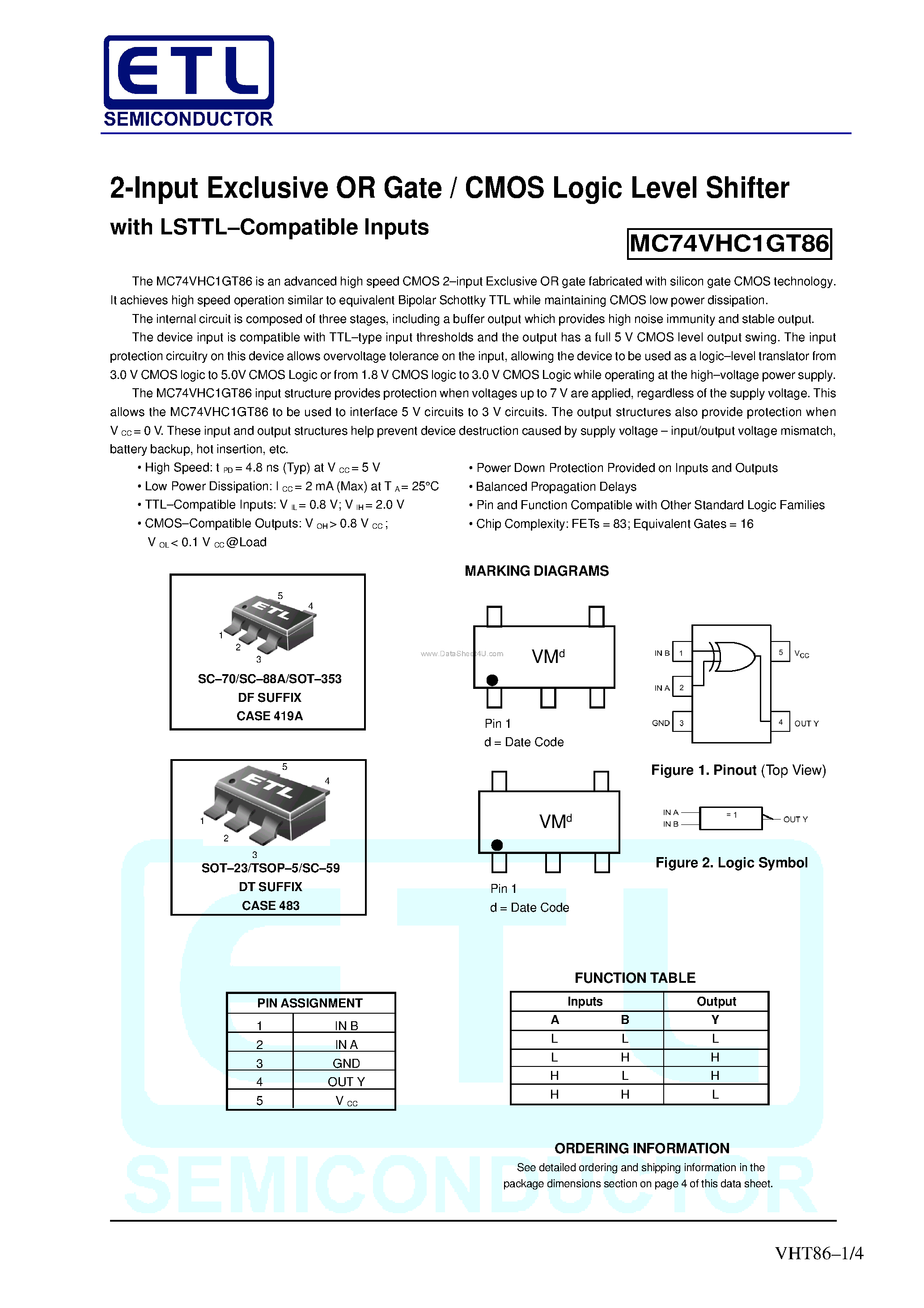 Даташит MC74VHC1GT86 - 2-Input Exclusive OR Gate / CMOS Logic Level Shifter страница 1