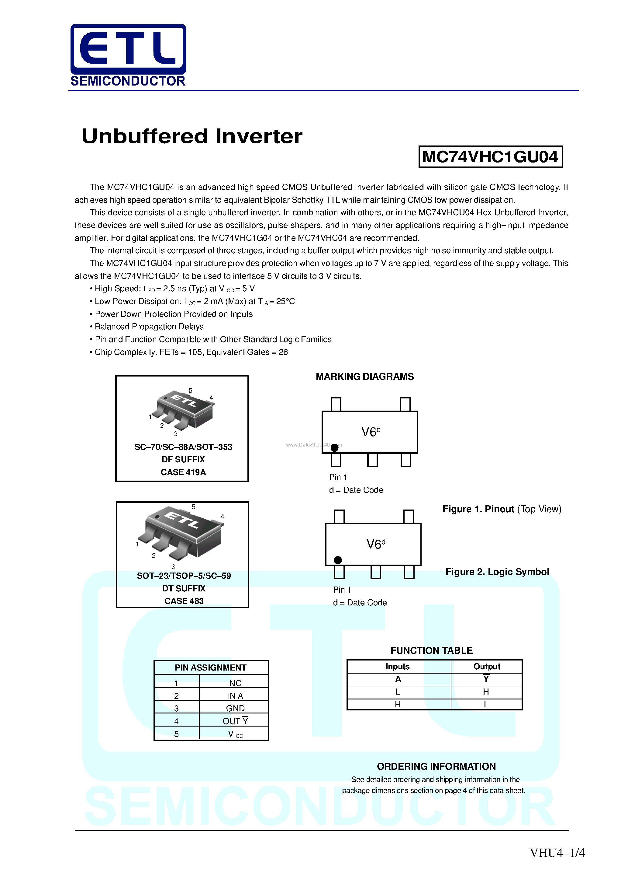 Даташит MC74VHC1GU04 - Unbuffered Inverter страница 1