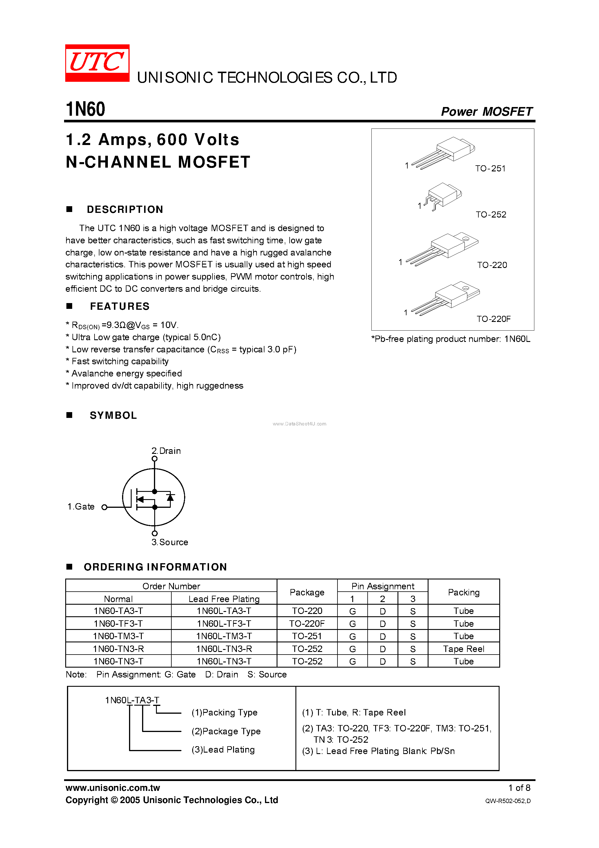 Даташит 1N60 - N-CHANNEL MOSFET страница 1