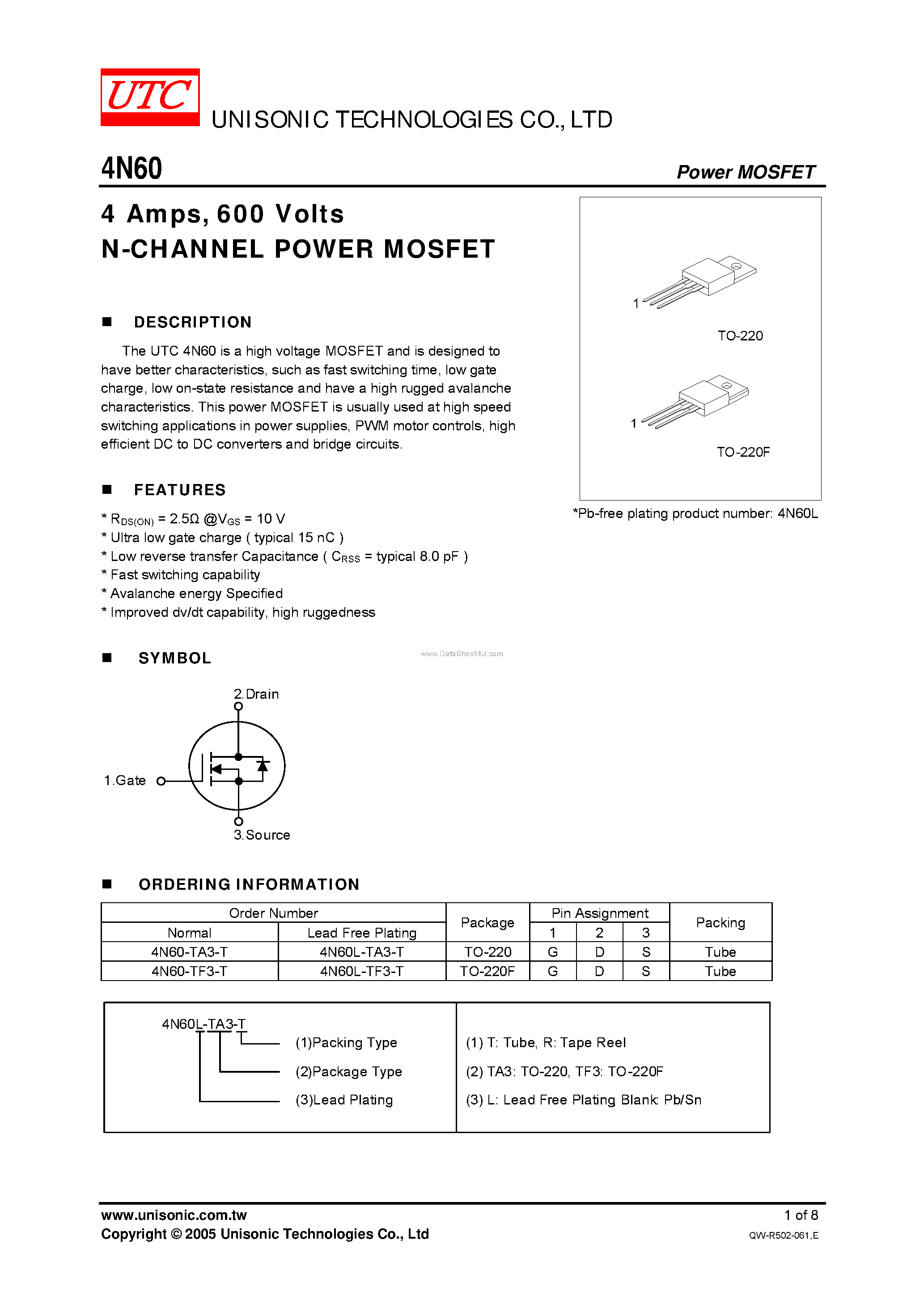 Даташит 4N60 - N-CHANNEL POWER MOSFET страница 1