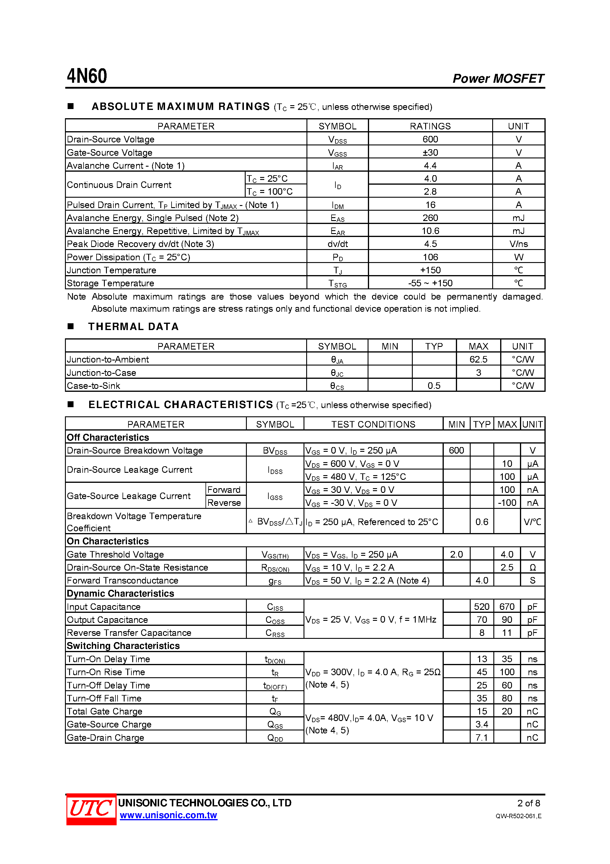 Даташит 4N60 - N-CHANNEL POWER MOSFET страница 2
