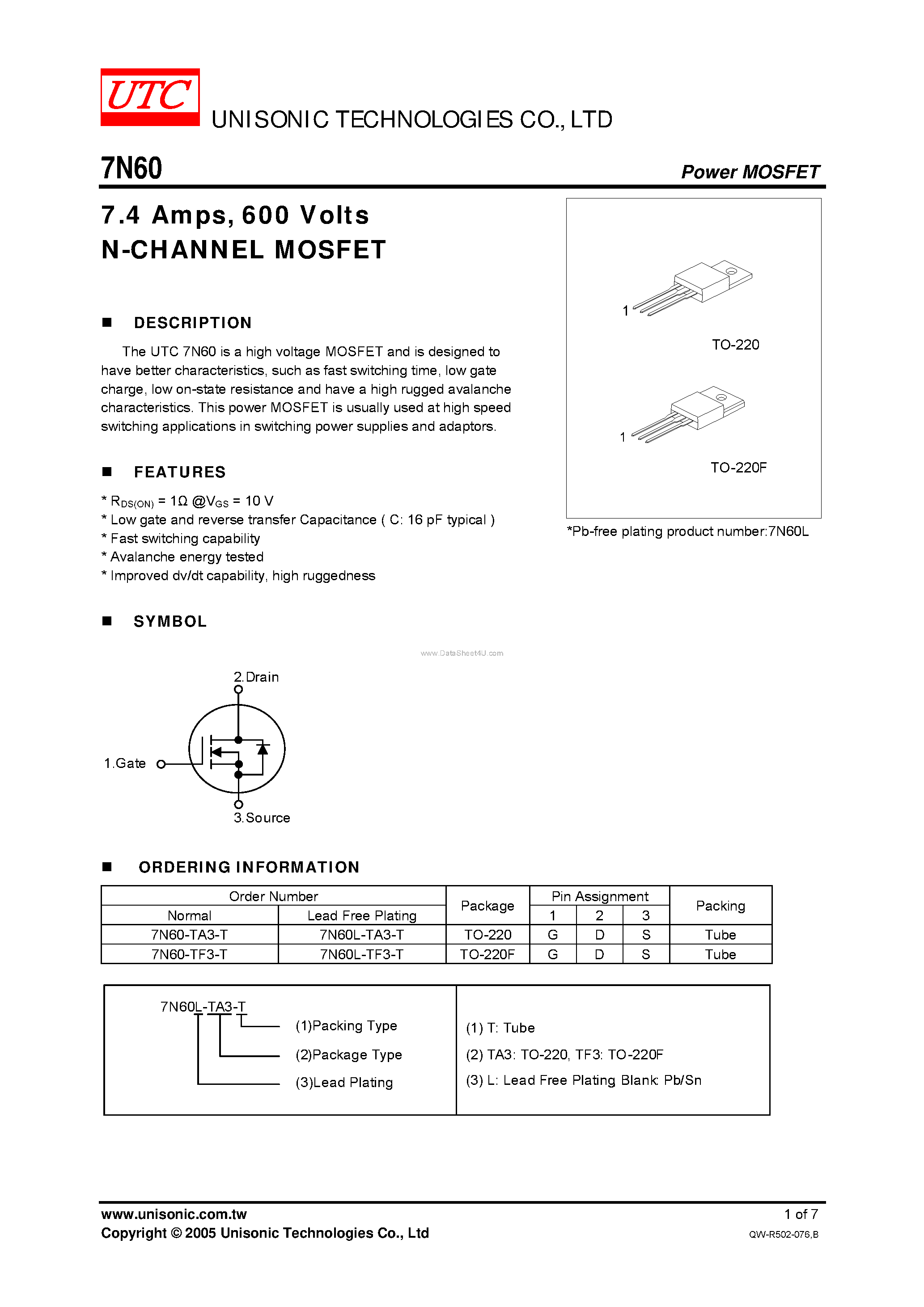 Даташит 7N60 - N-CHANNEL MOSFET страница 1