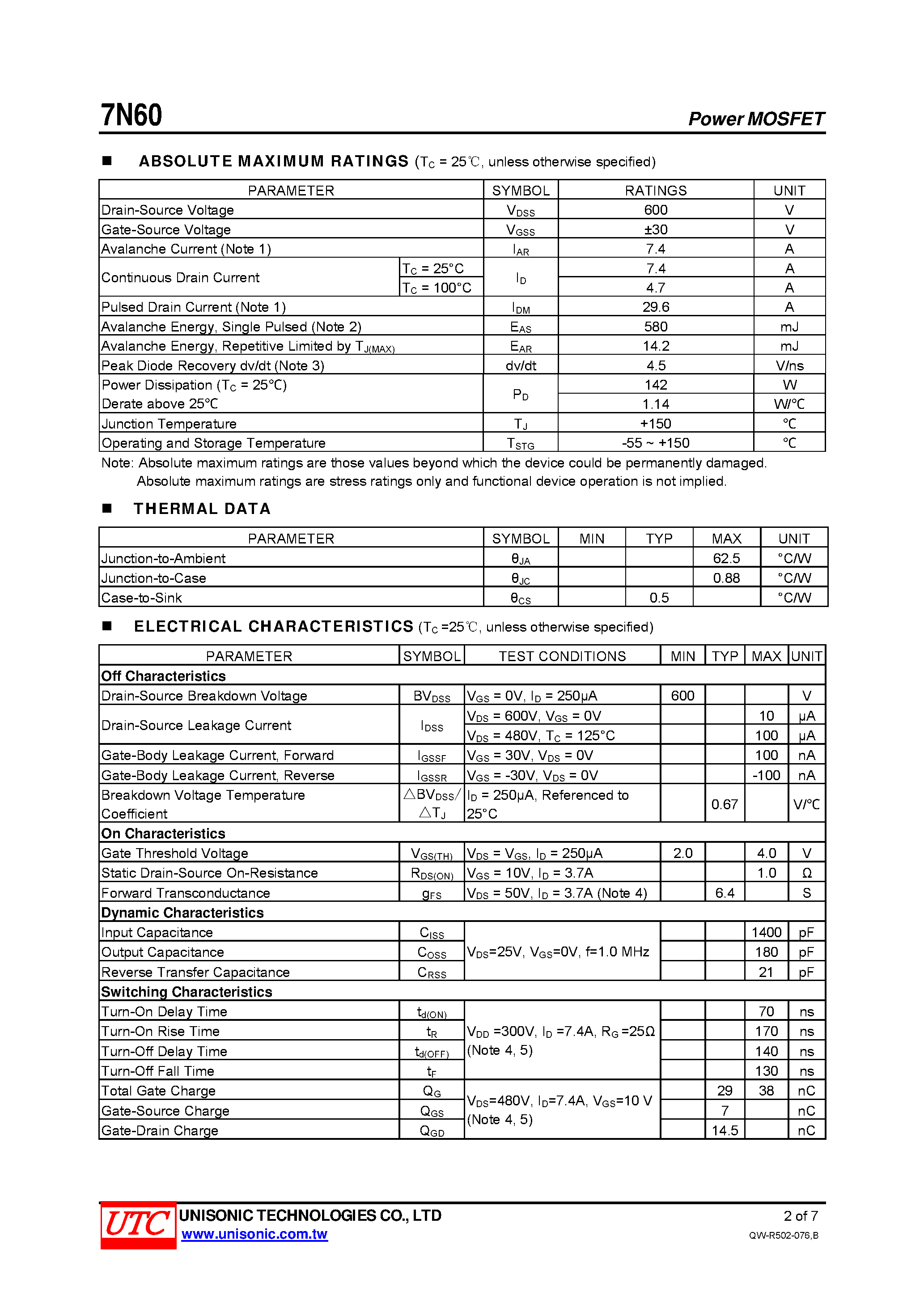 Даташит 7N60 - N-CHANNEL MOSFET страница 2