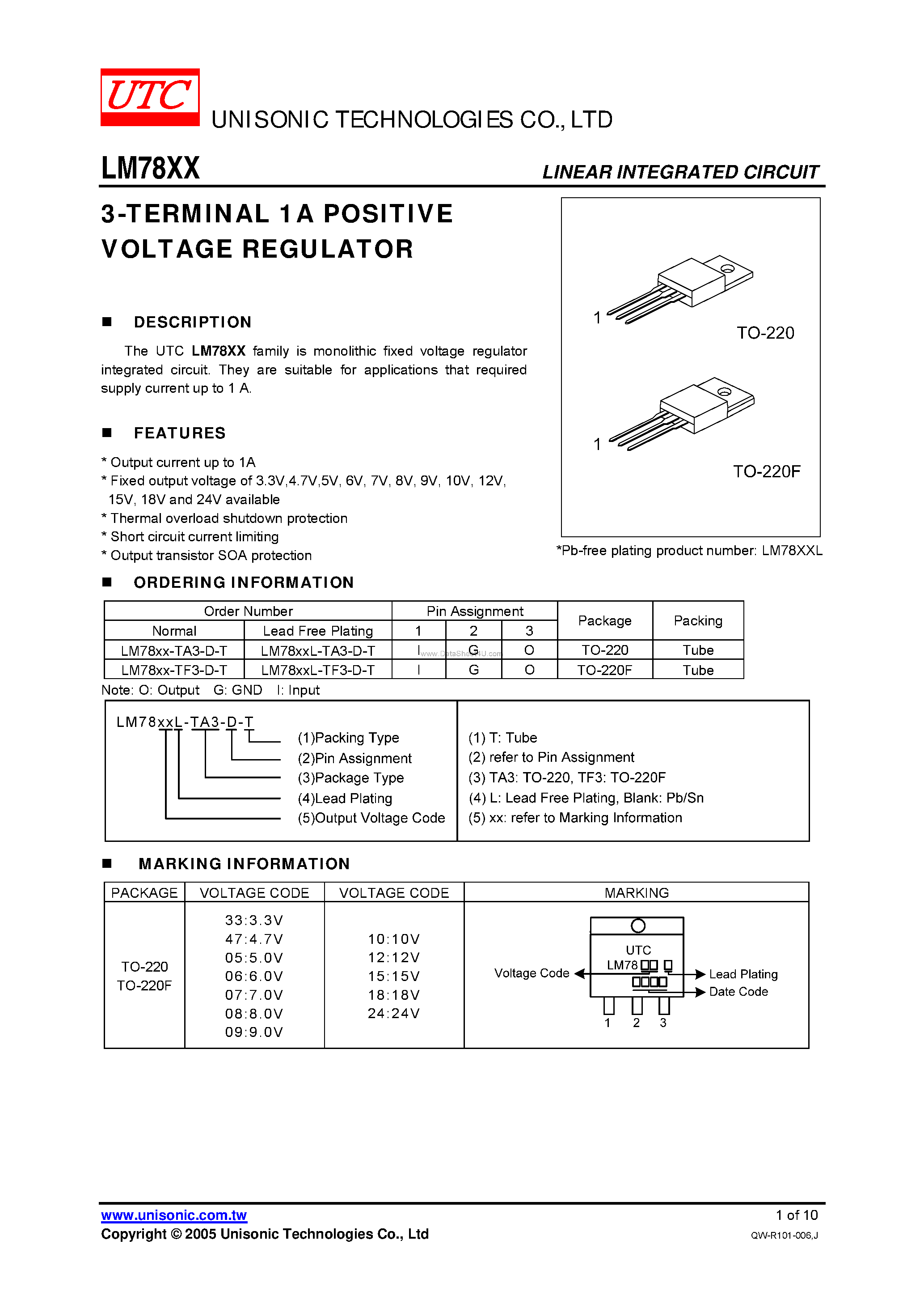 Даташит LM78XX - 3-TERMINAL 1A POSITIVE VOLTAGE REGULATOR страница 1