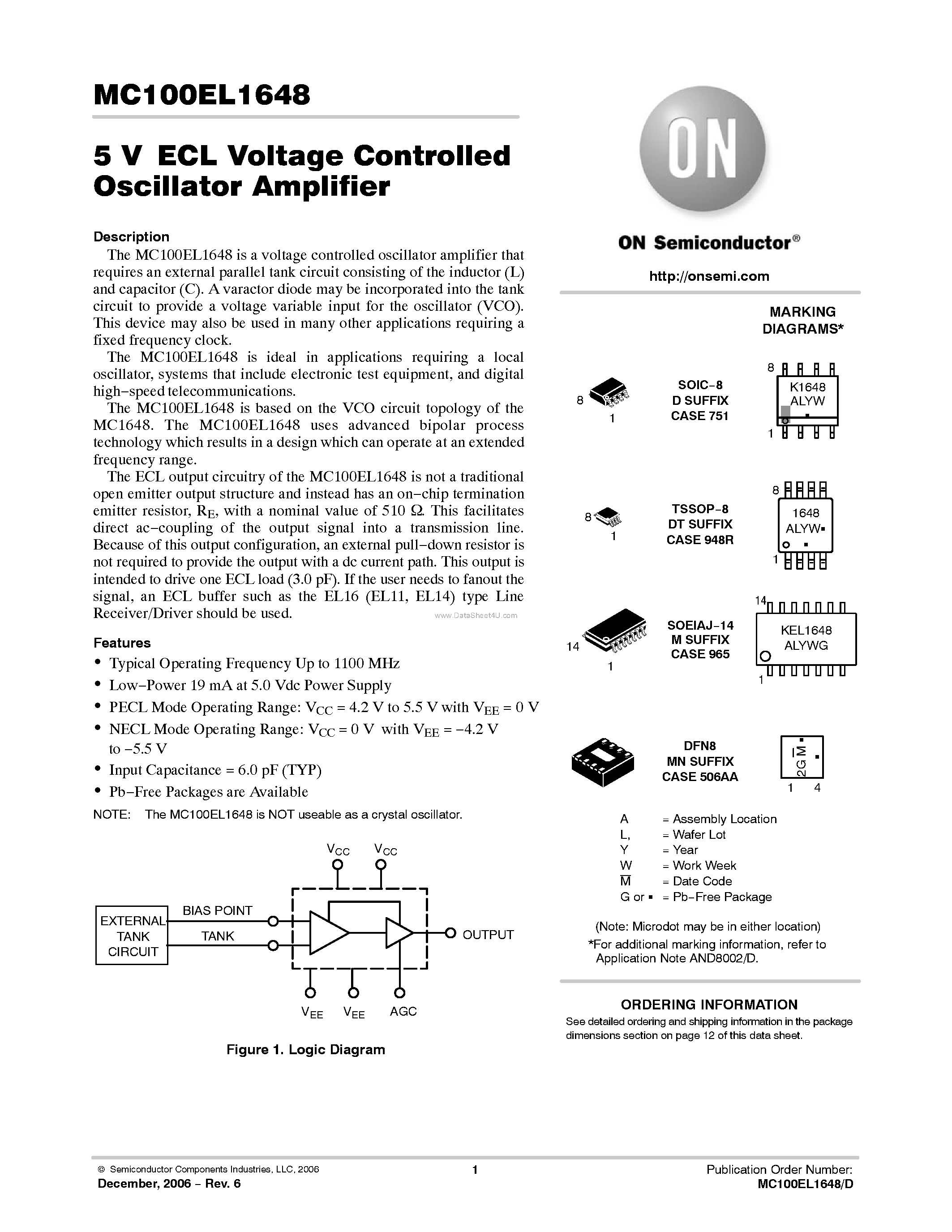 Datasheet MC100EL1648 - Oscillator Amplifier page 1