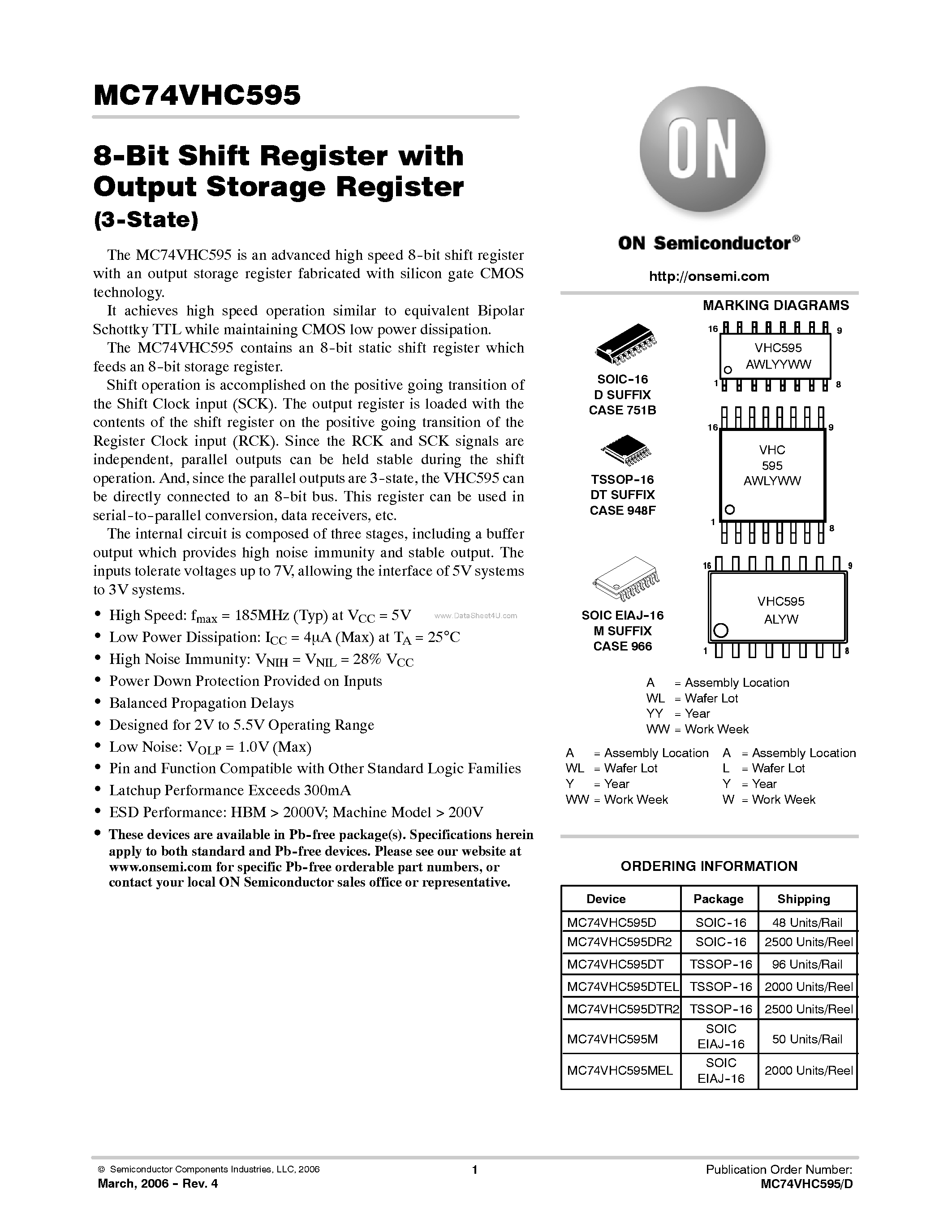 Даташит MC74VHC595 - 8-Bit Shift Register страница 1