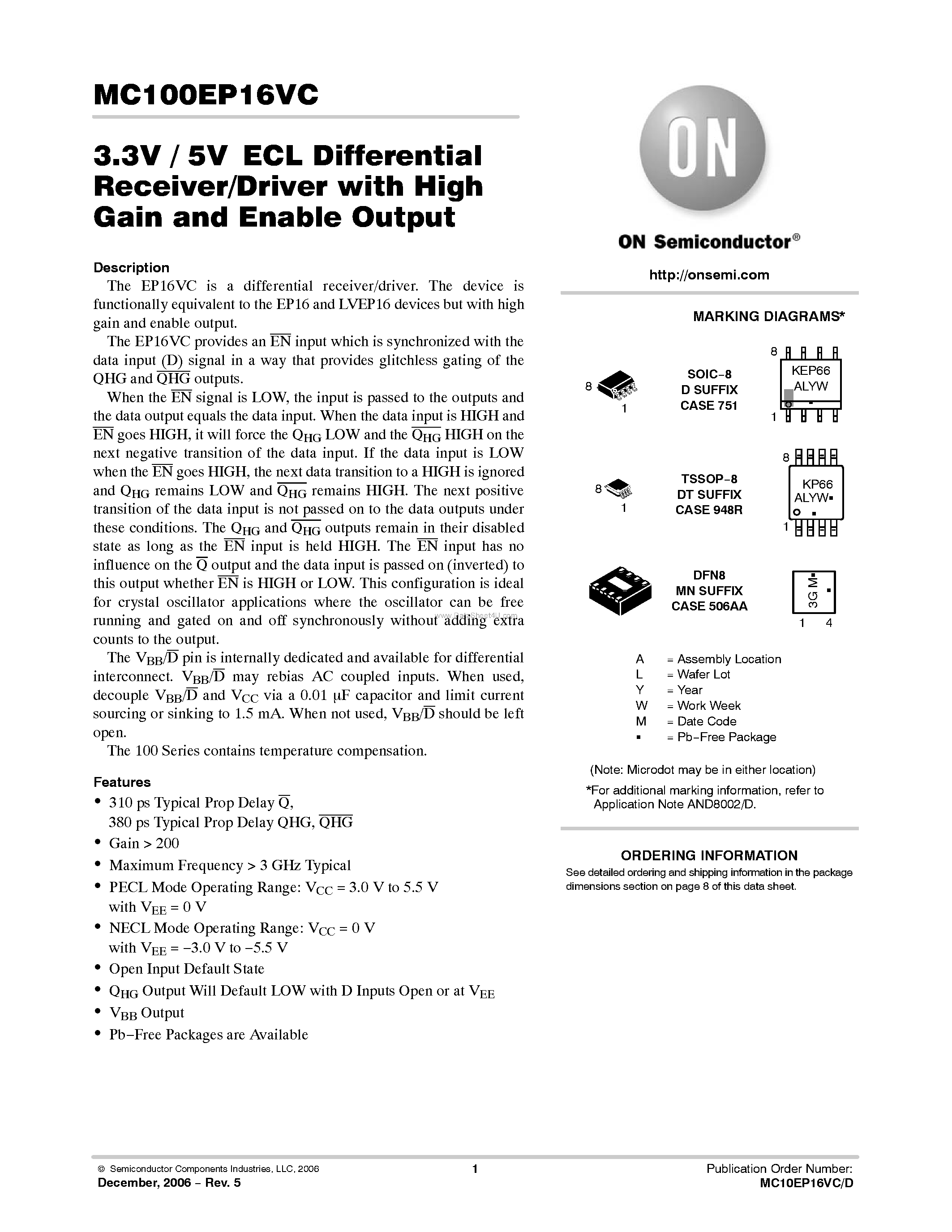 Datasheet MC100EP16VC - 5V ECL Differential Receiver/Driver page 1