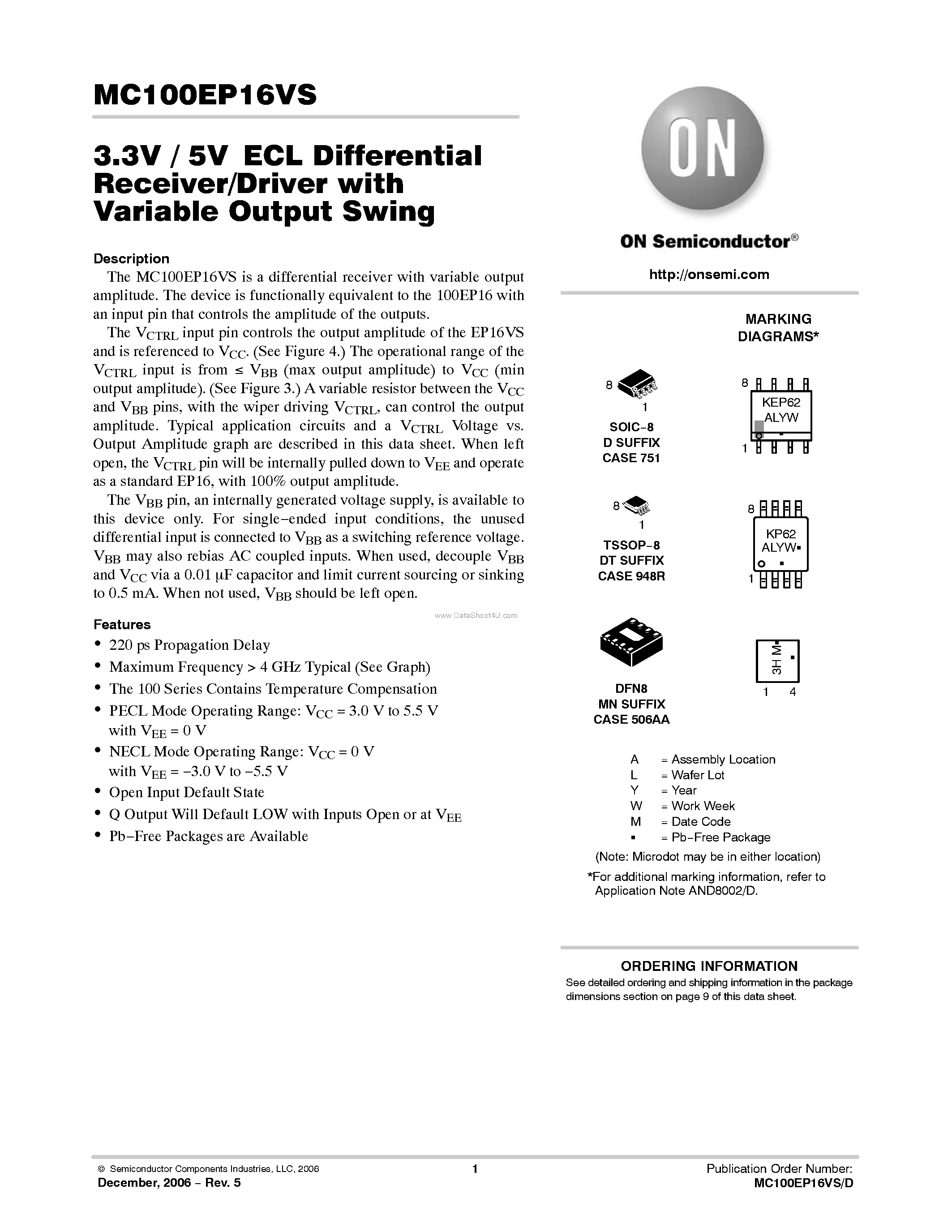 Datasheet MC100EP16VS - 5V ECL Differential Receiver/Driver page 1