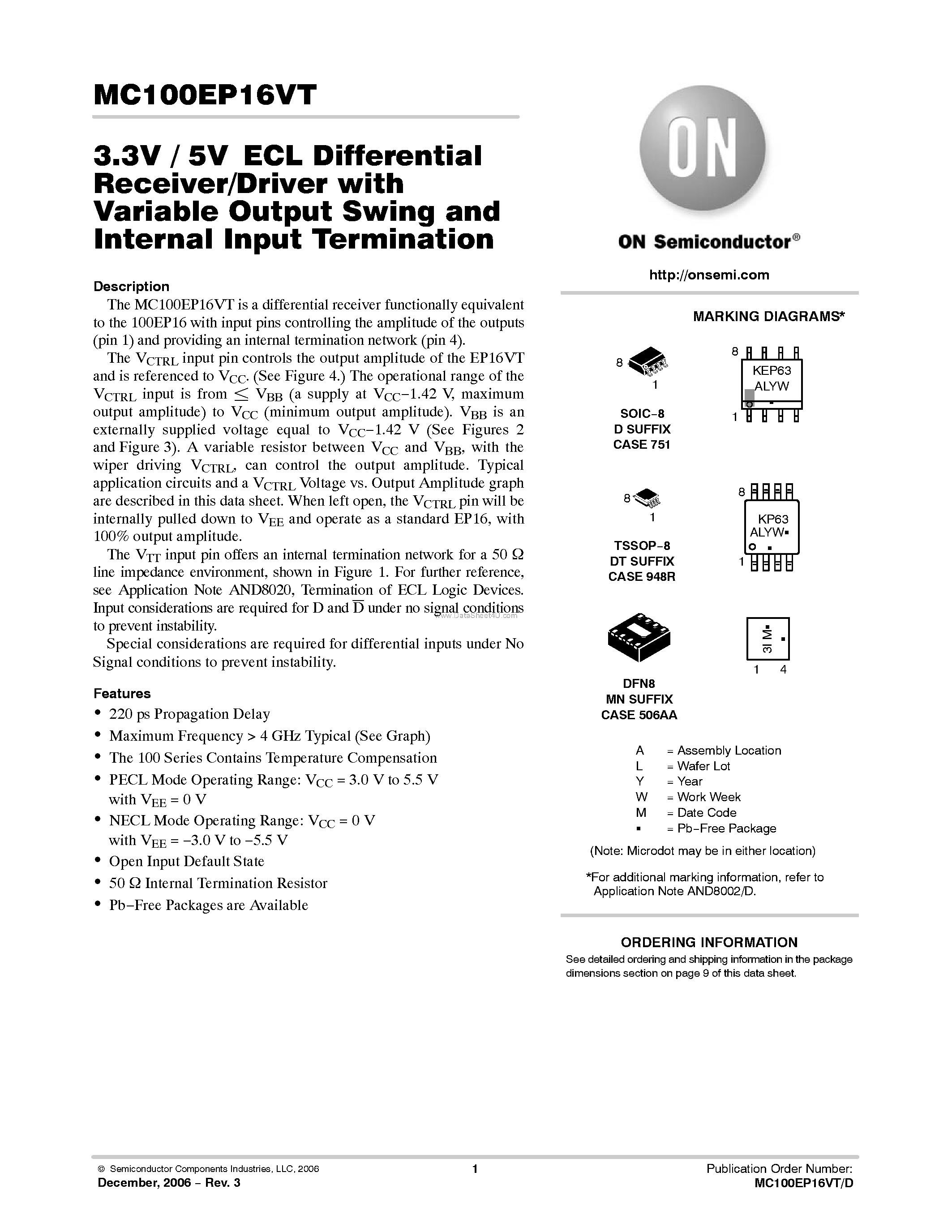 Datasheet MC100EP16VT - 5V ECL Differential Receiver/Driver page 1