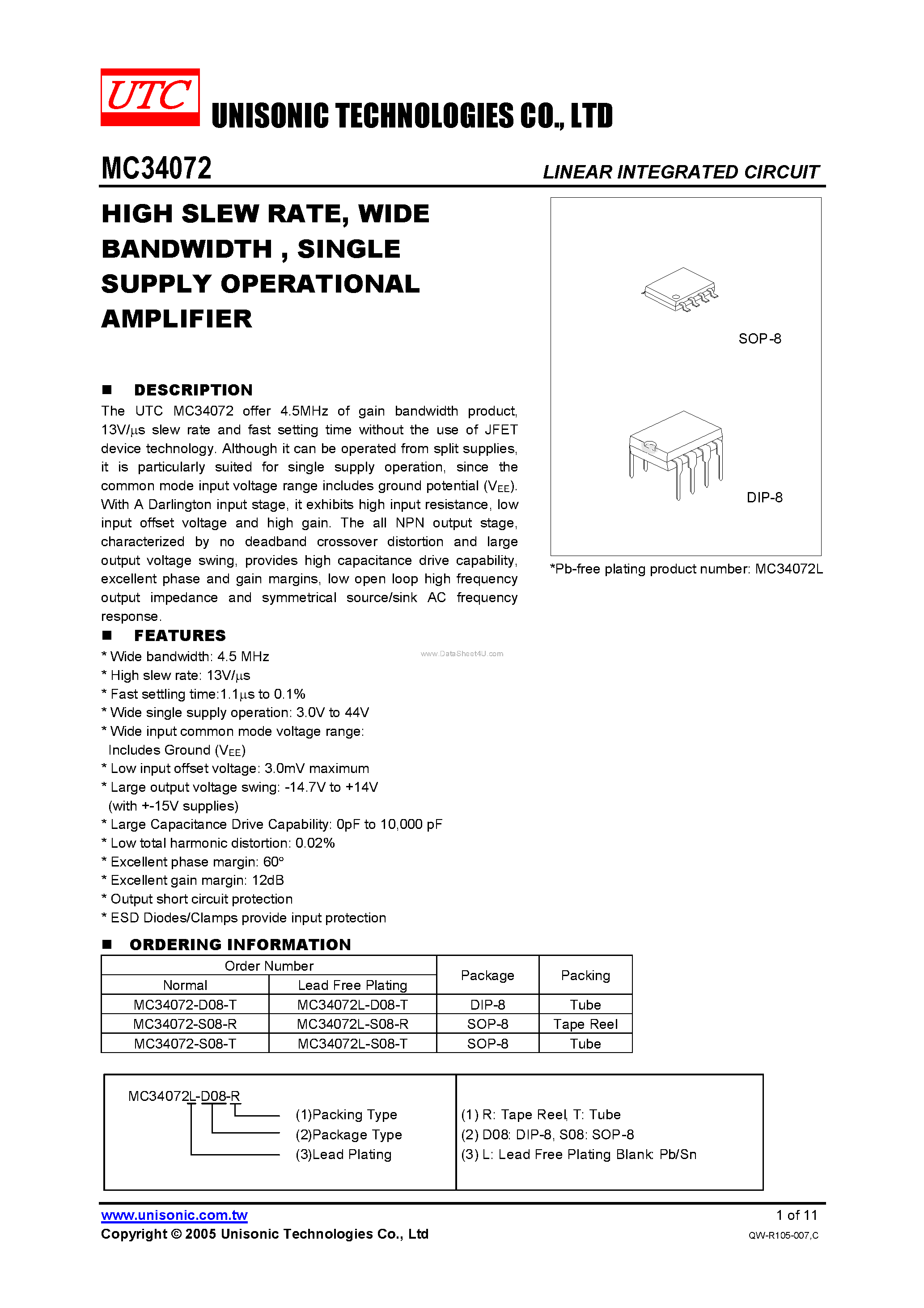 Даташит MC34072 - SINGLE SUPPLY OPERATIONAL AMPLIFIER страница 1