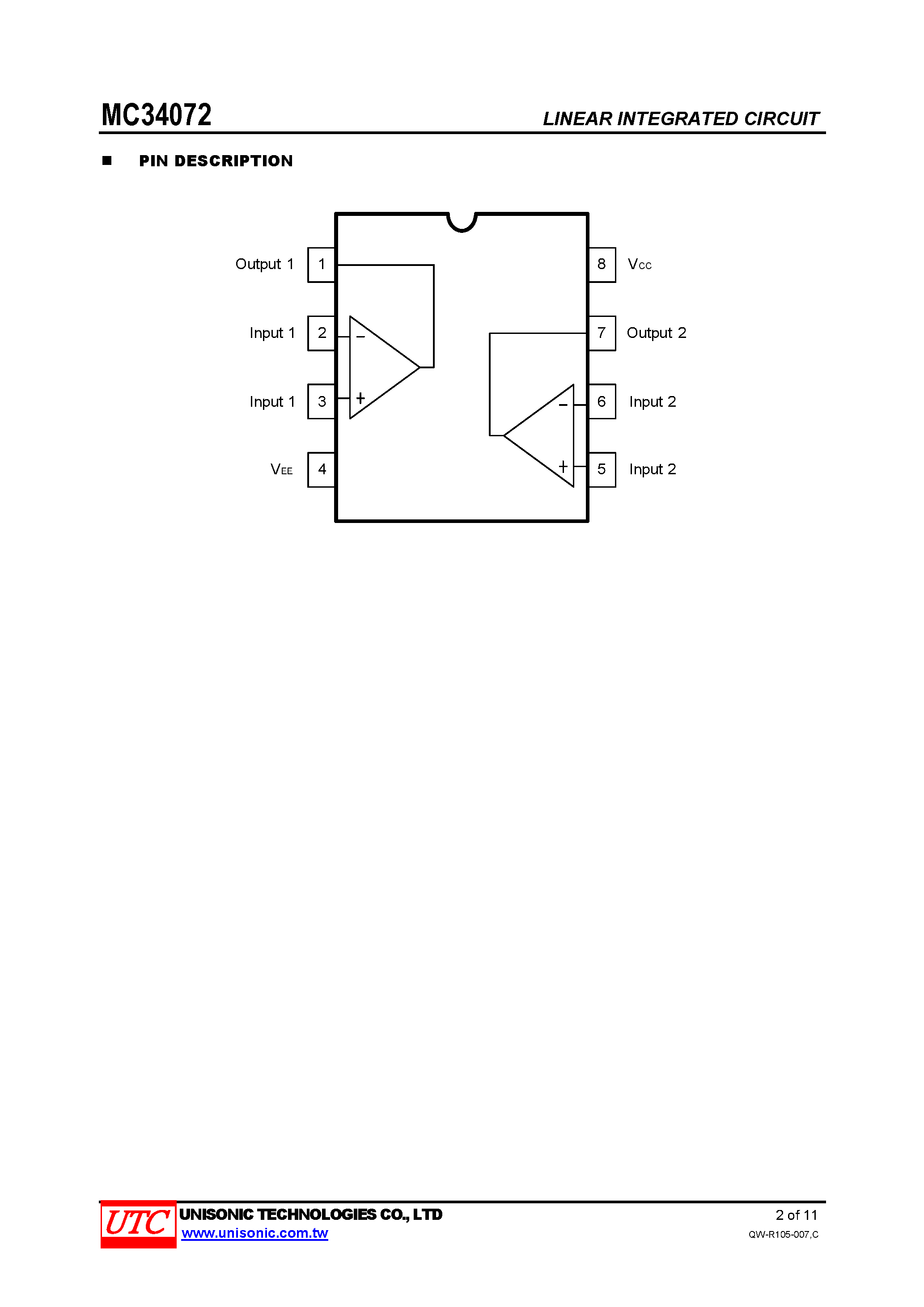 Даташит MC34072 - SINGLE SUPPLY OPERATIONAL AMPLIFIER страница 2