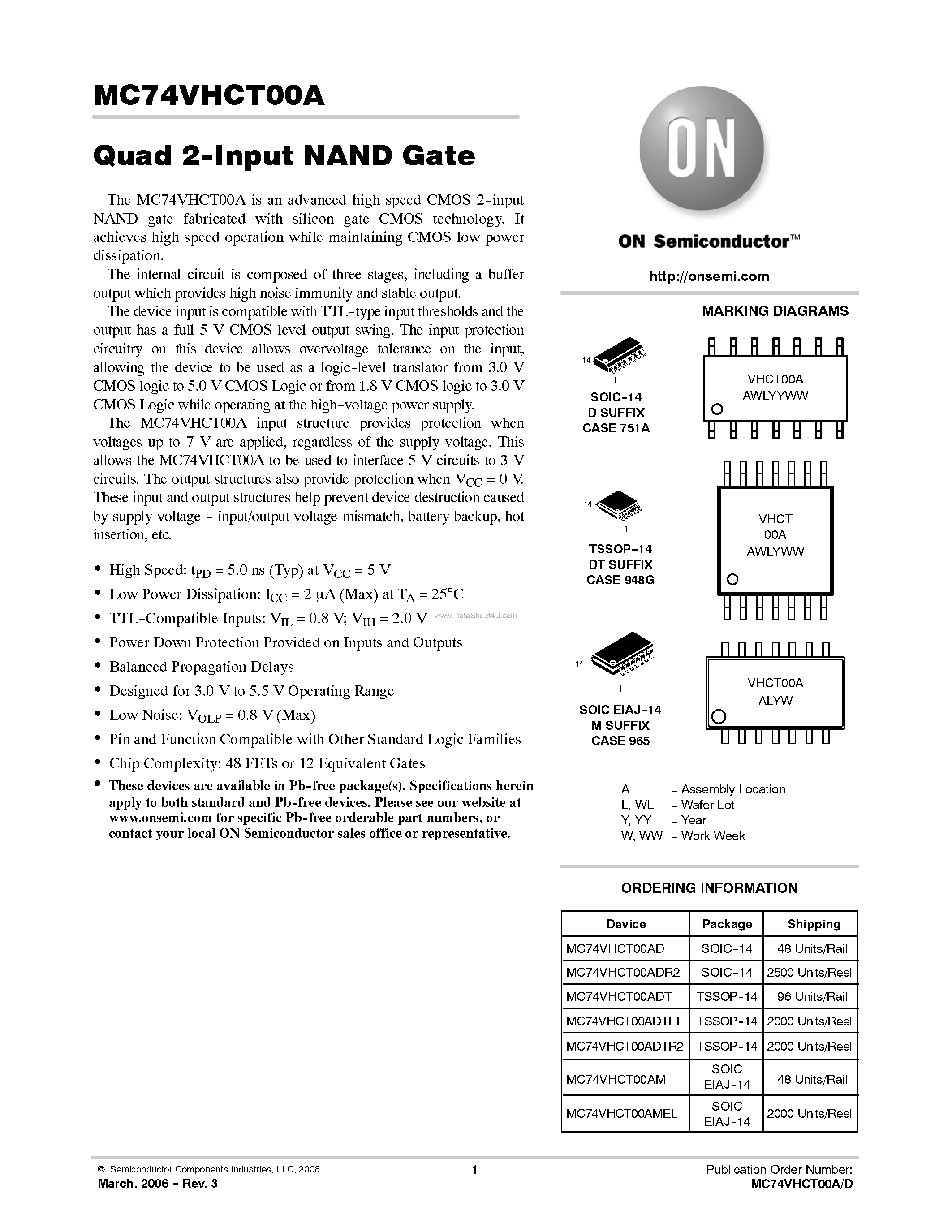 Даташит MC74VHCT00A - Quad 2-Input NAND Gate страница 1