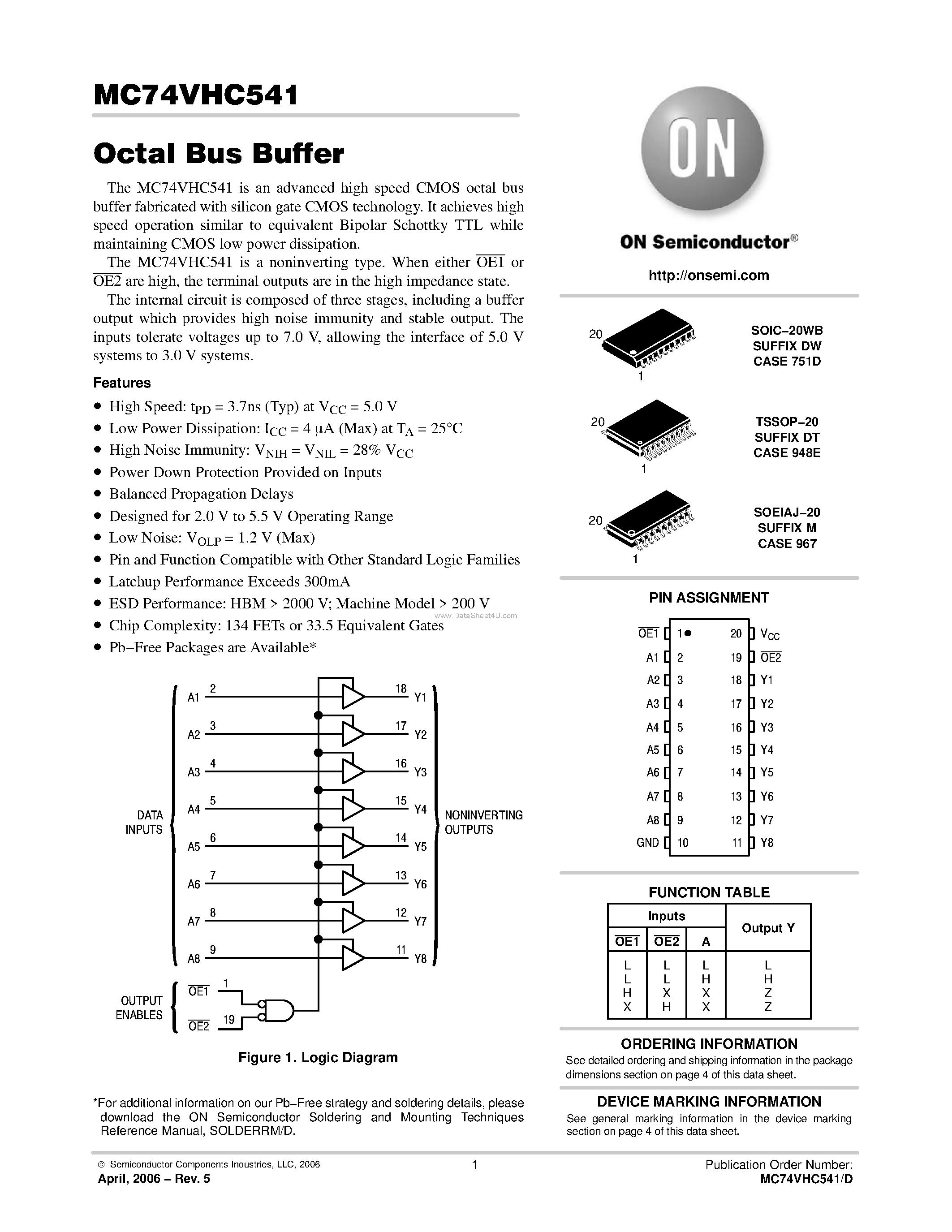 Даташит MC74VHC541 - Octal Bus Buffer страница 1