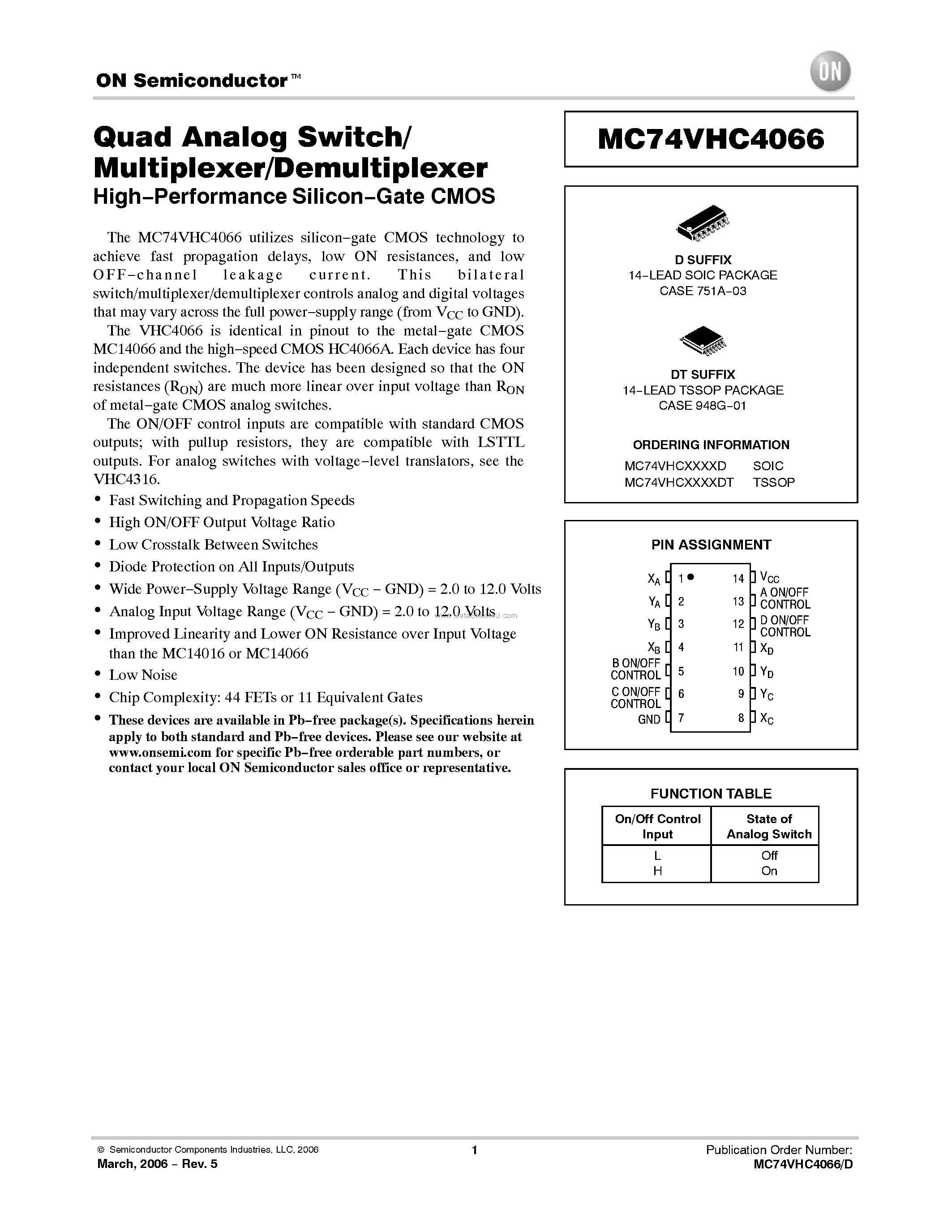 Даташит MC74VHC4066 - Quad Analog Switch/Multiplexer/Demultiplexer High-Performance Silicon-Gate CMOS страница 1