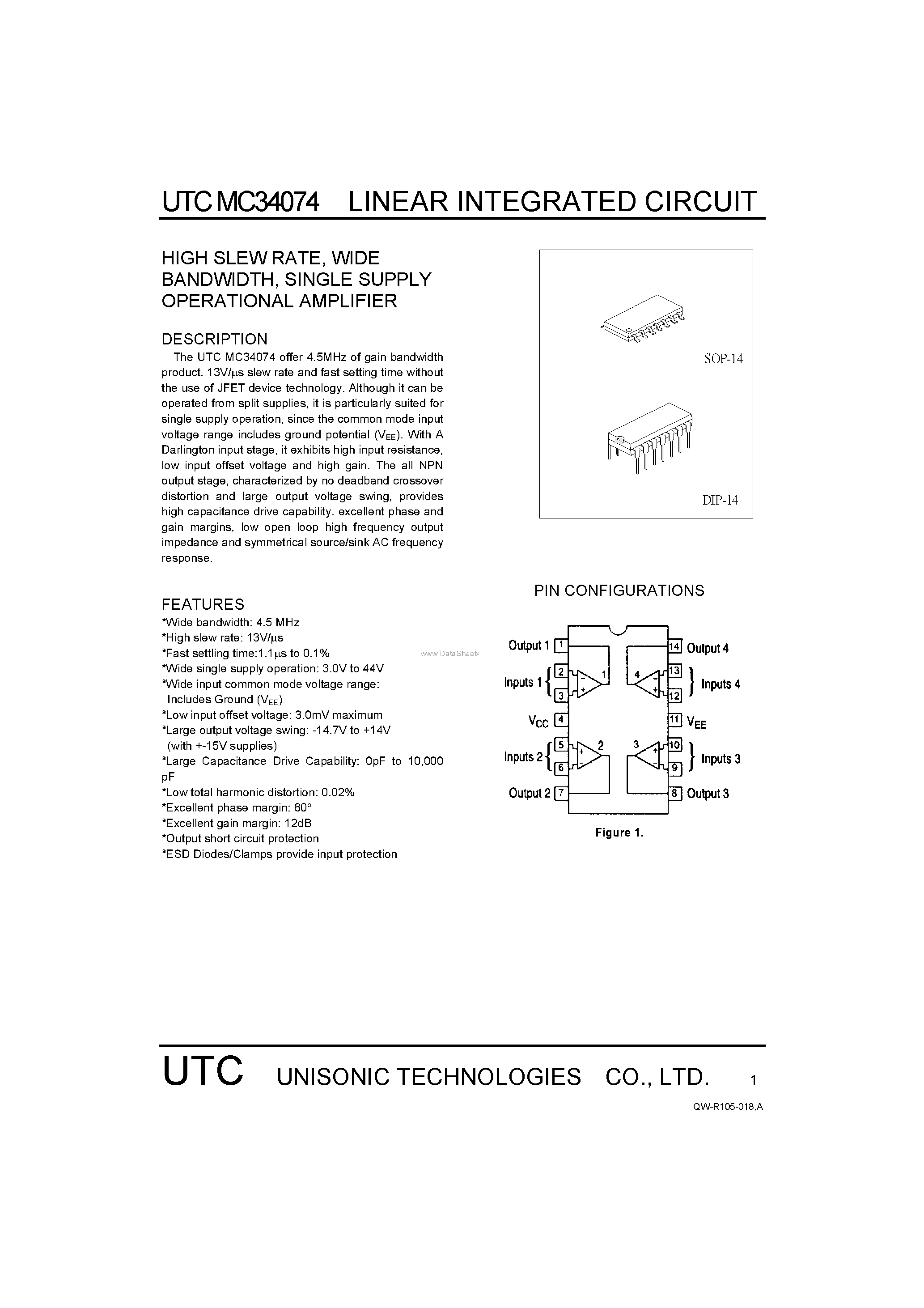 Даташит MC34074 - SINGLE SUPPLY OPERATIONAL AMPLIFIER страница 1