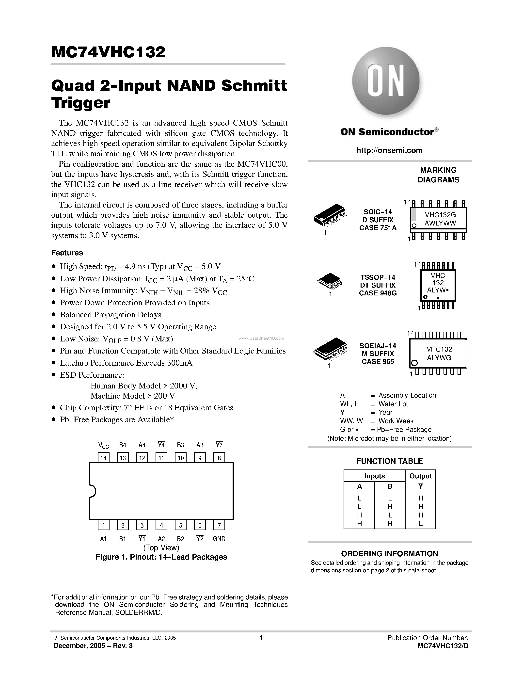 Даташит MC74VHC132 - Quad 2-Input NAND Schmitt Trigger страница 1