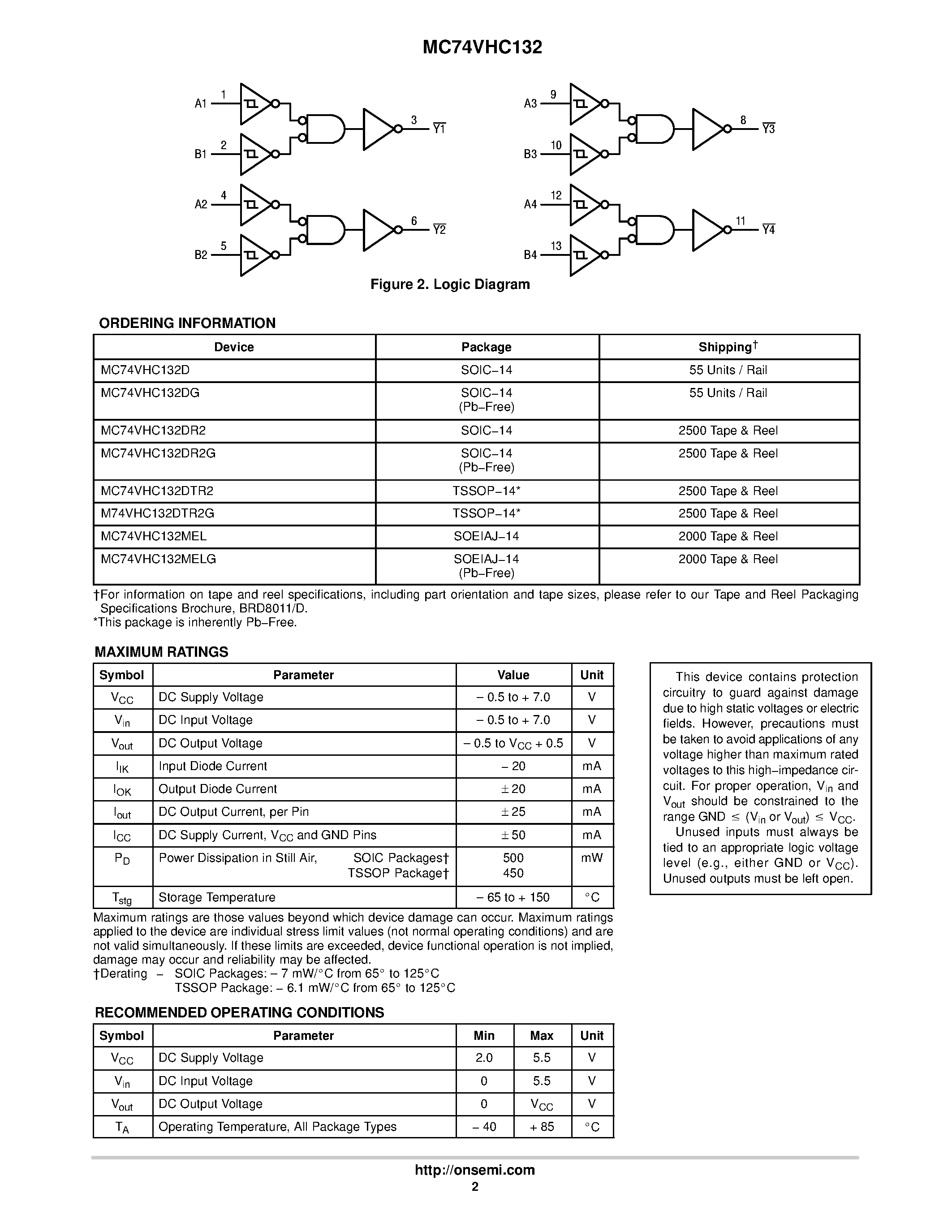 Даташит MC74VHC132 - Quad 2-Input NAND Schmitt Trigger страница 2