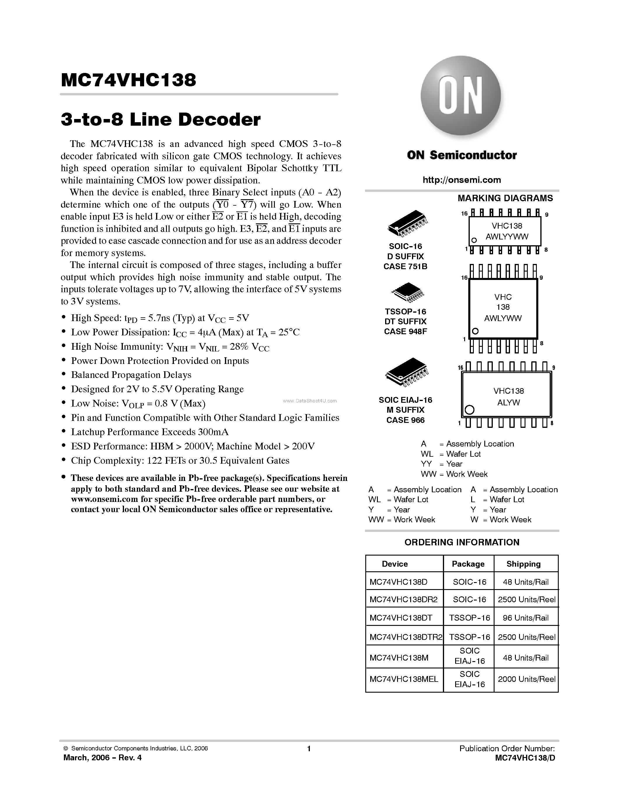 Даташит MC74VHC138 - 3-To-8 Line Decoder страница 1