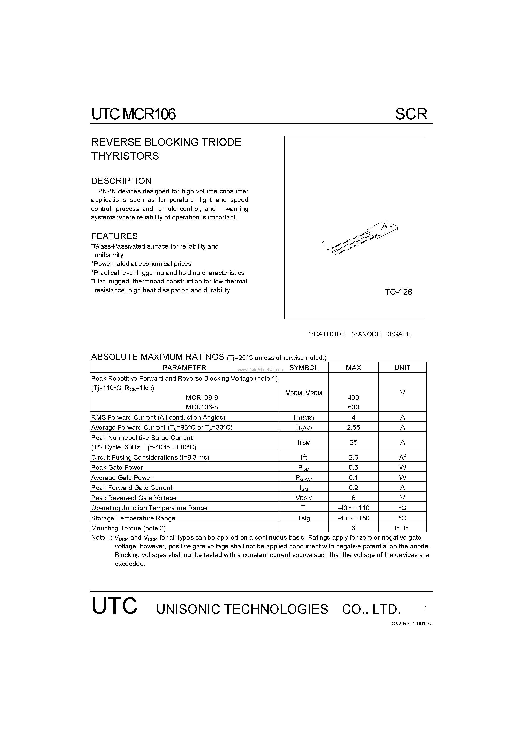 Datasheet MCR106 - REVERSE BLOCKING TRIODE THYRISTORS page 1