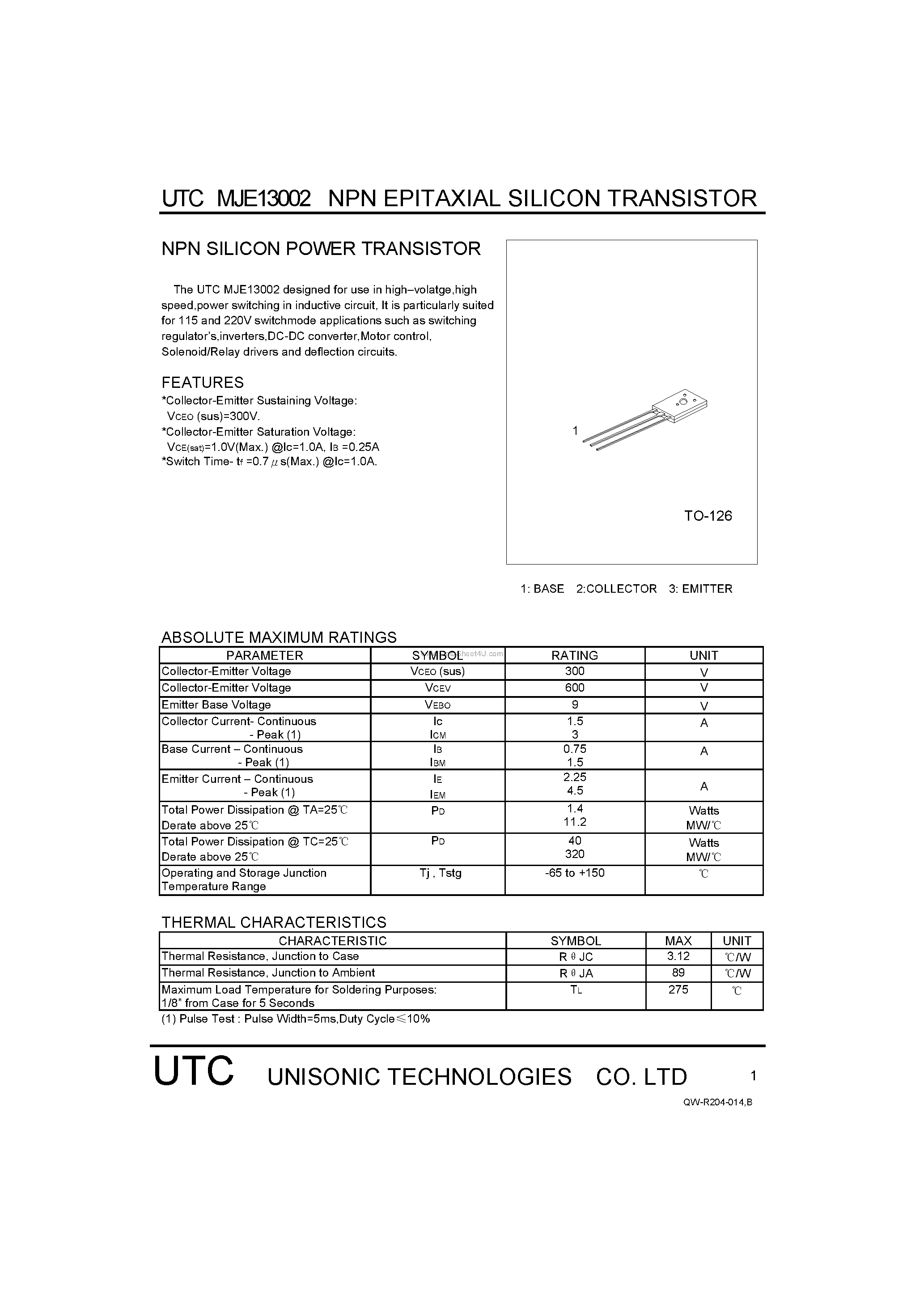 Даташит MJE13002 - NPN SILICON POWER TRANSISTOR страница 1