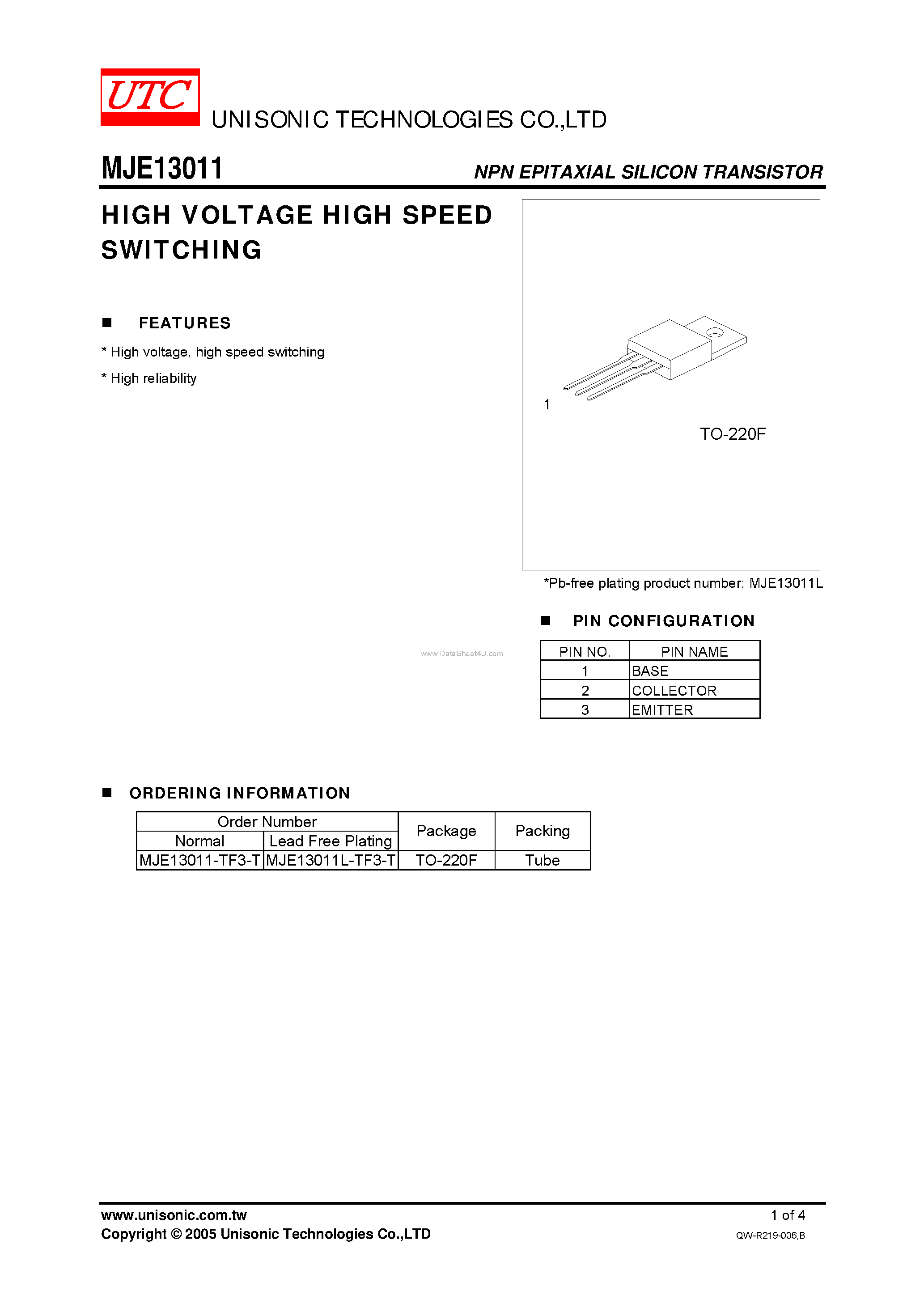 Даташит MJE13011 - HIGH VOLTAGE HIGH SPEED SWITCHING страница 1